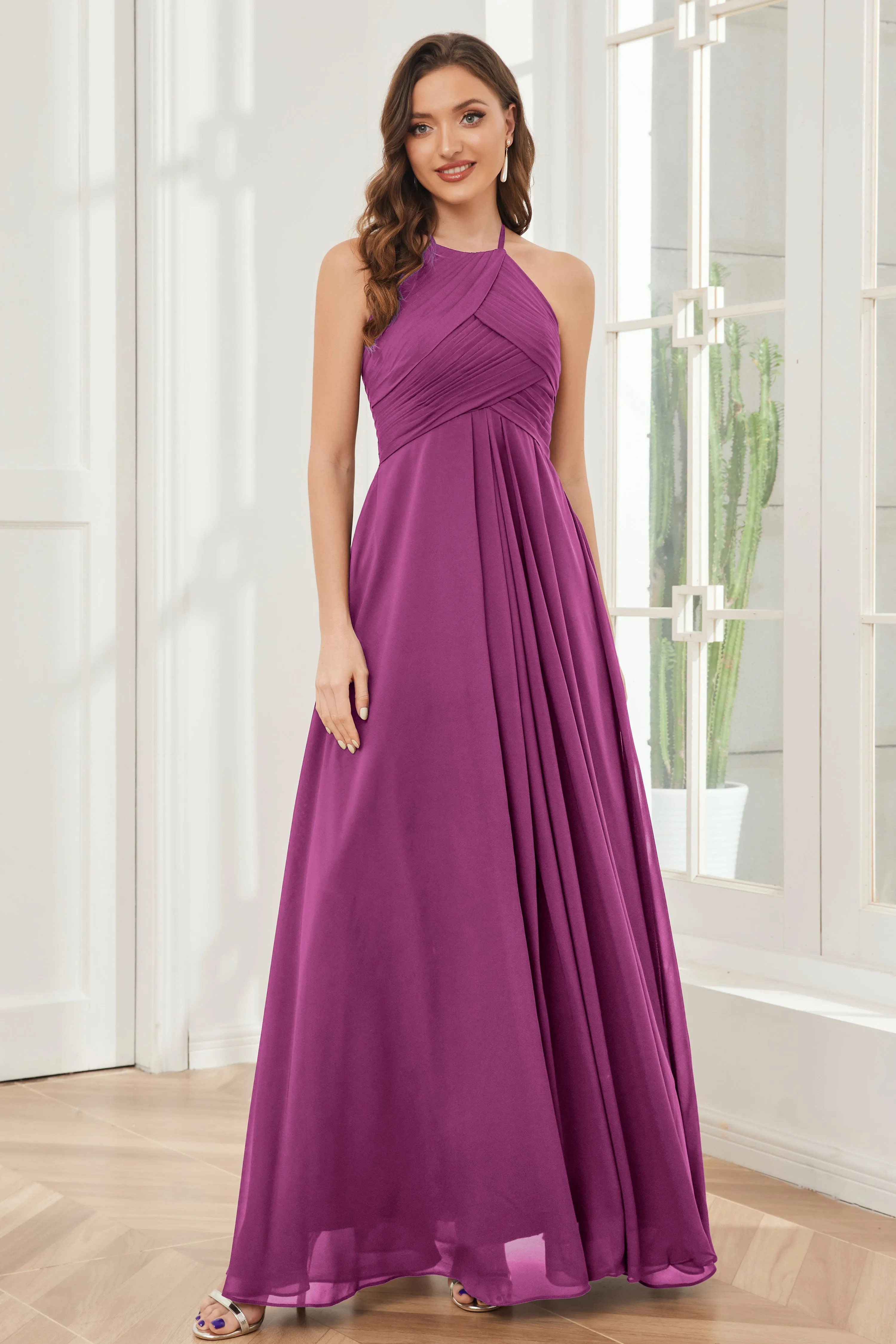 A-line Floor-length Halter Chiffon Bridesmaid Dresses