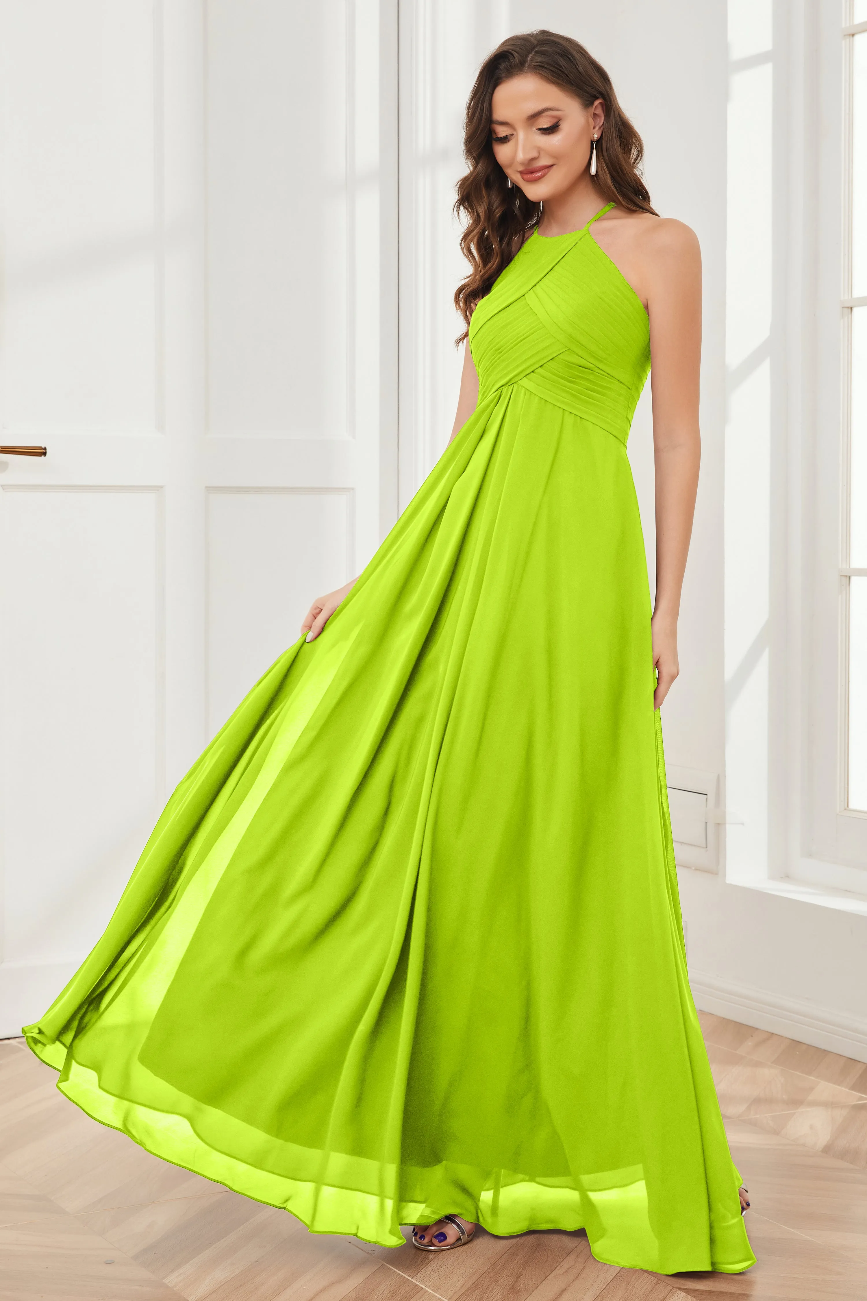 A-line Floor-length Halter Chiffon Bridesmaid Dresses