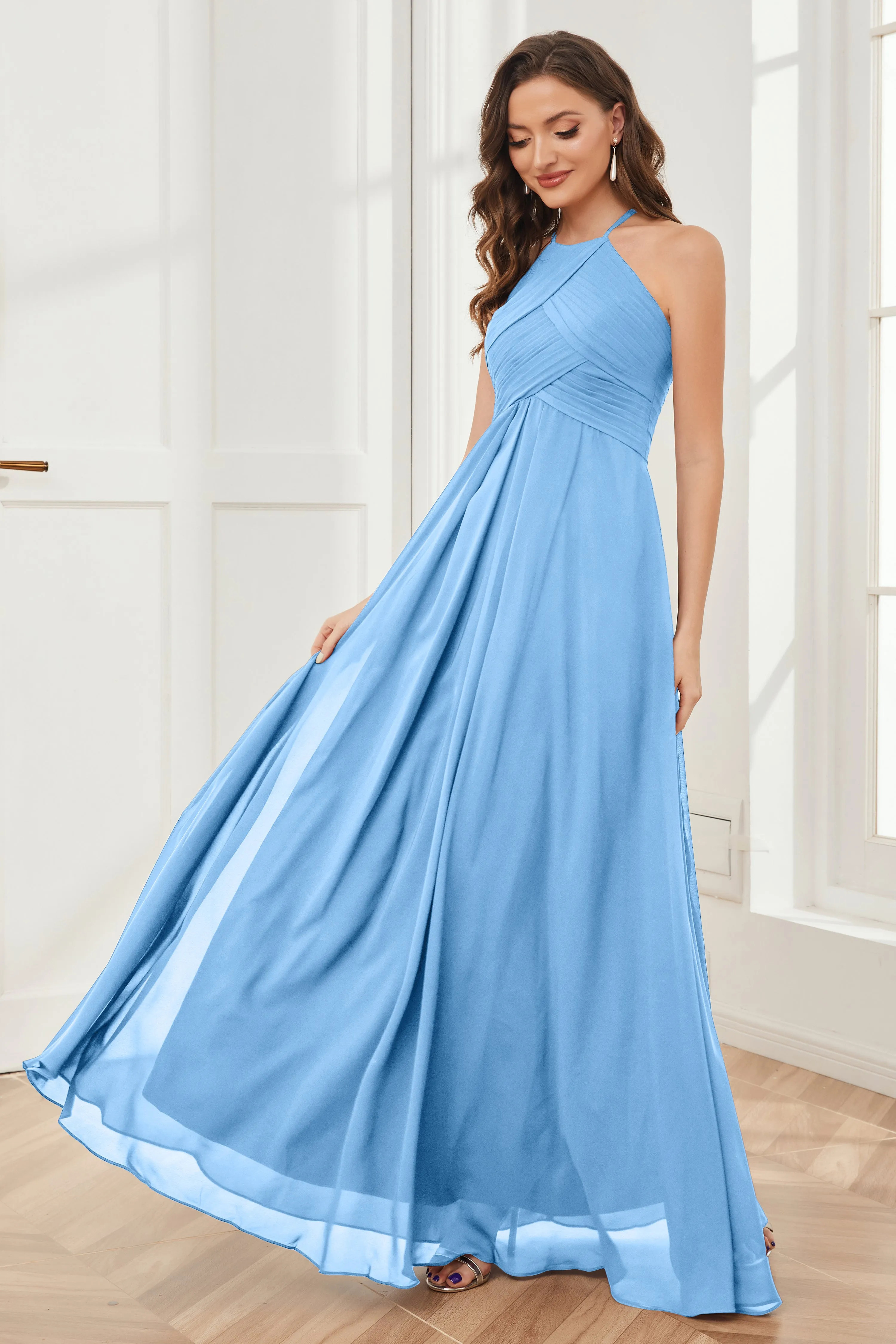 A-line Floor-length Halter Chiffon Bridesmaid Dresses