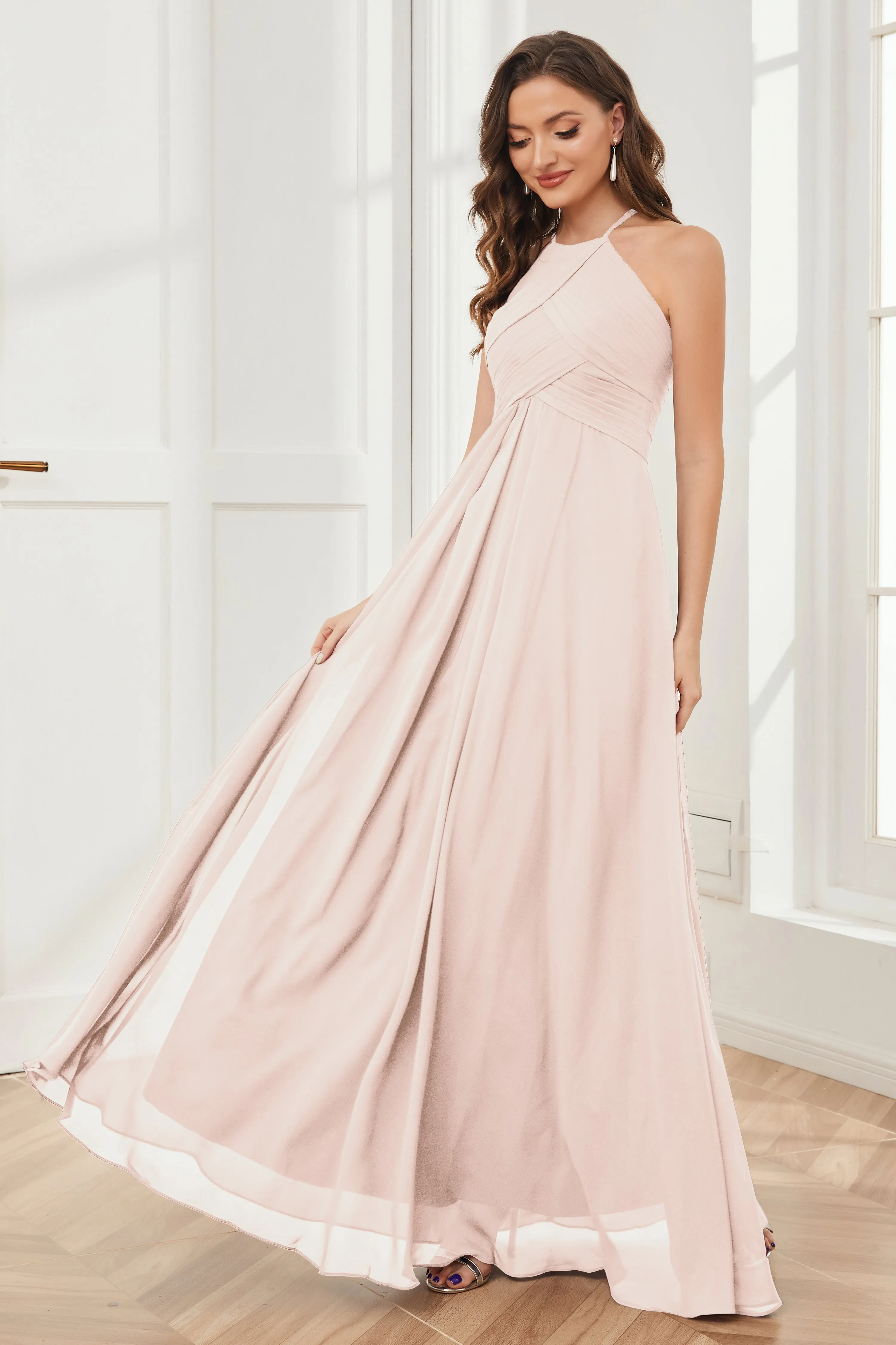 A-line Floor-length Halter Chiffon Bridesmaid Dresses