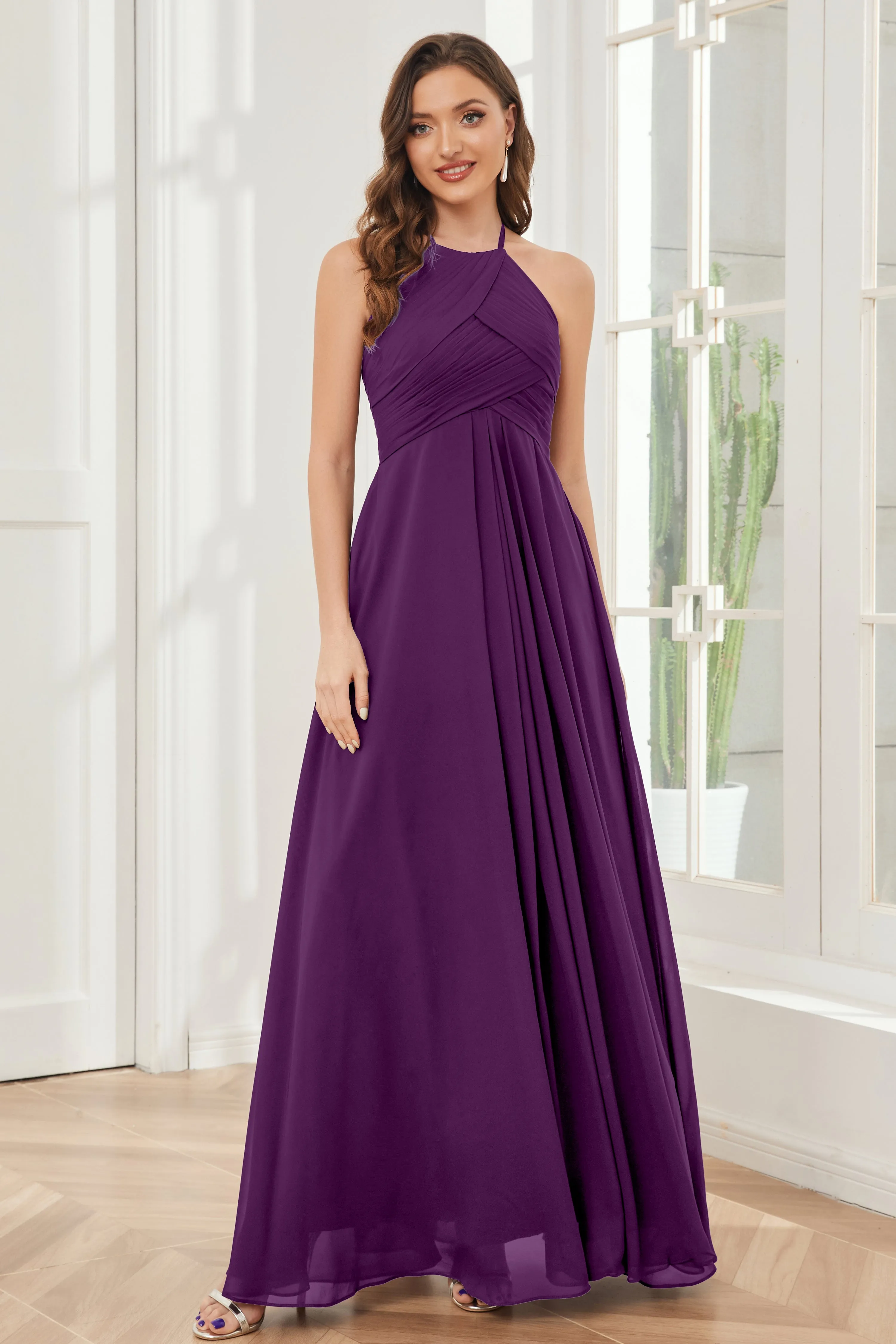 A-line Floor-length Halter Chiffon Bridesmaid Dresses