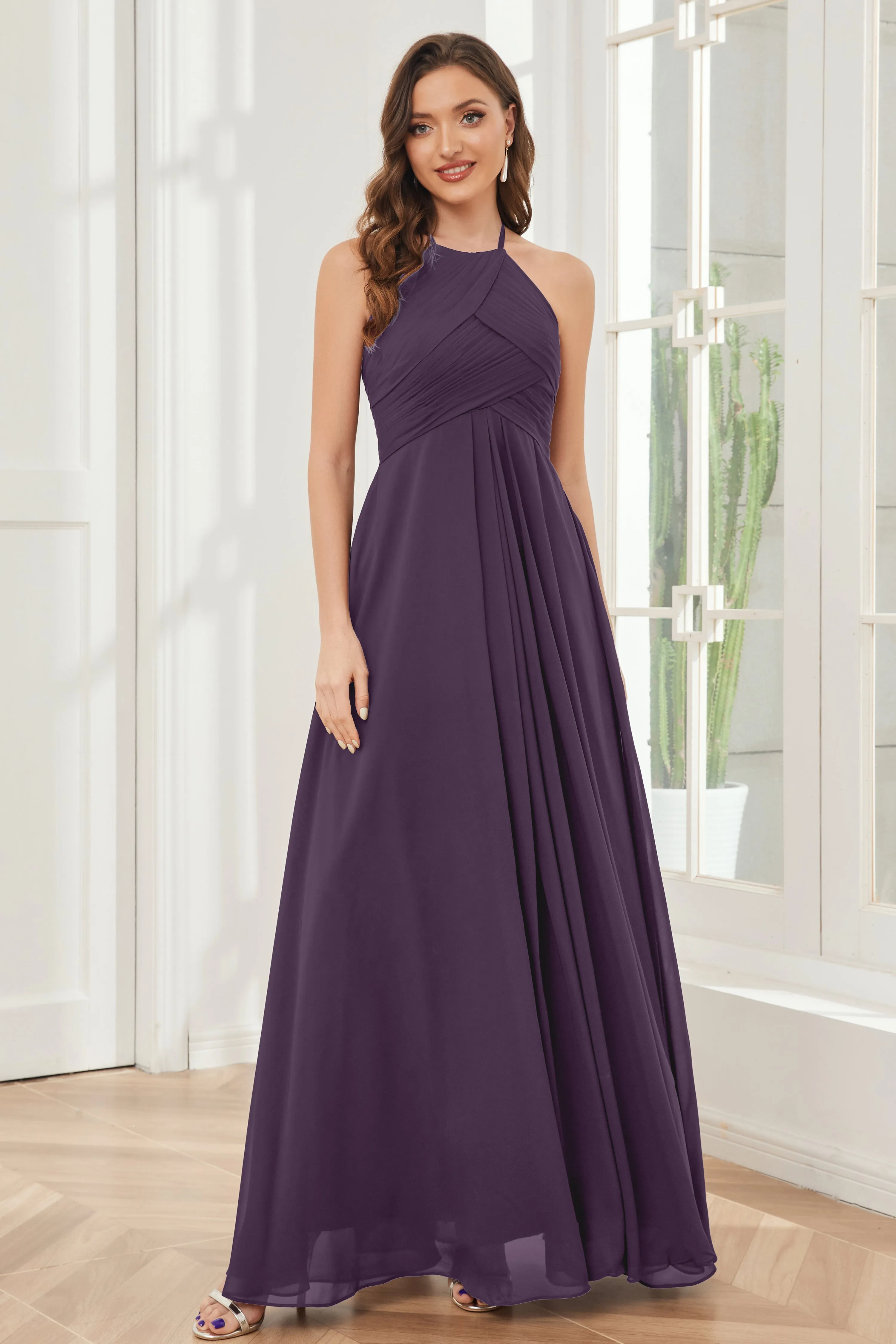 A-line Floor-length Halter Chiffon Bridesmaid Dresses