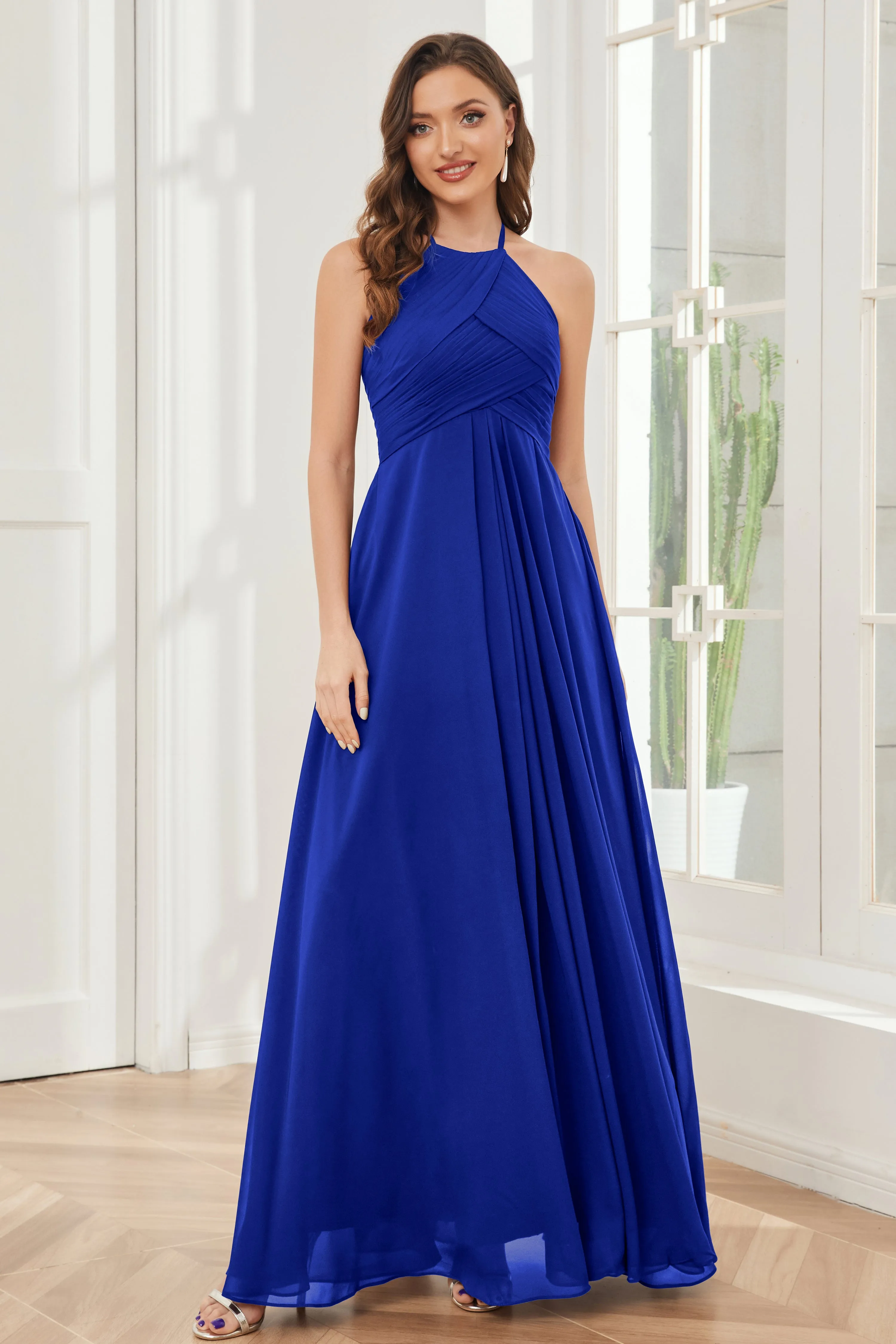 A-line Floor-length Halter Chiffon Bridesmaid Dresses