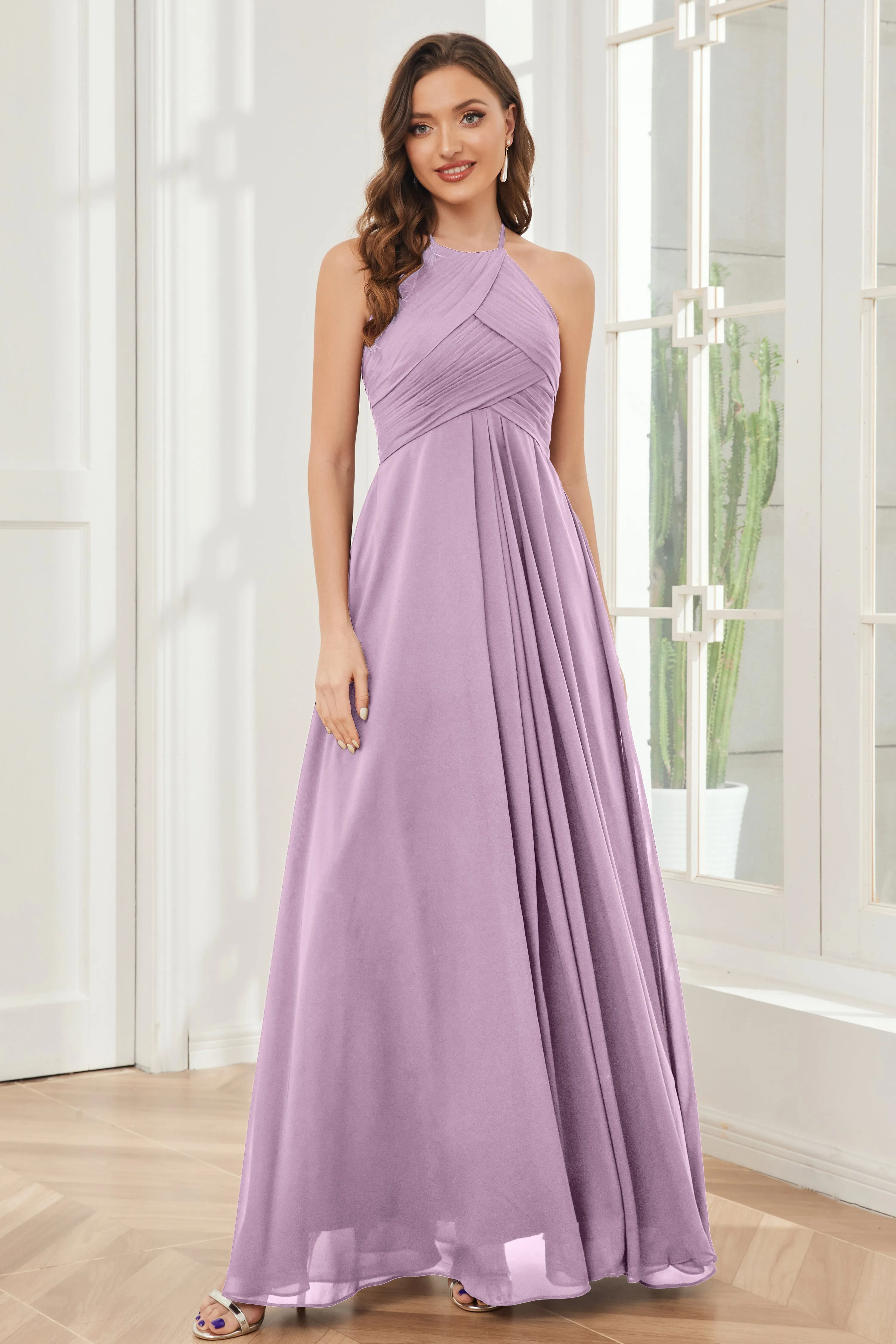 A-line Floor-length Halter Chiffon Bridesmaid Dresses