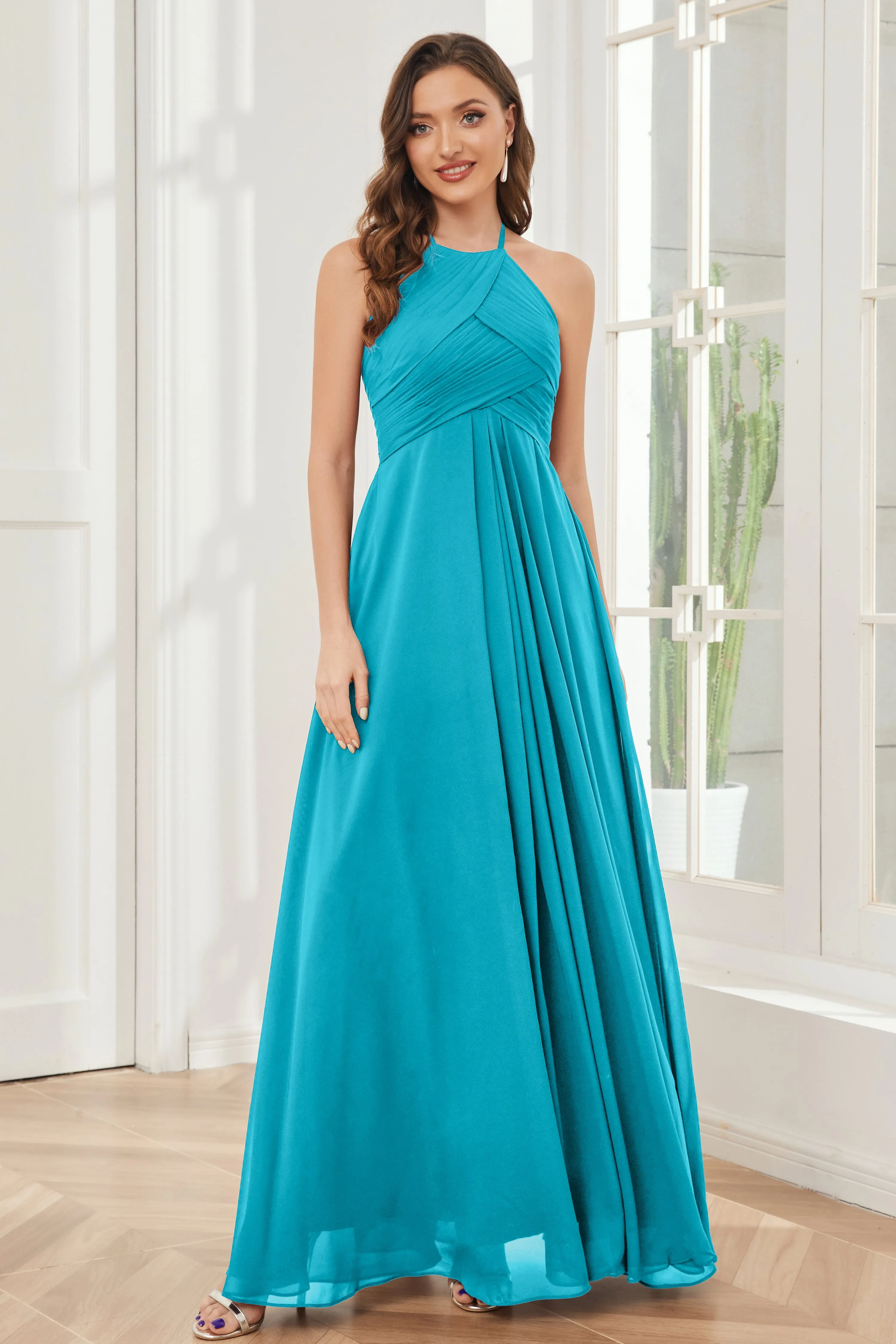 A-line Floor-length Halter Chiffon Bridesmaid Dresses