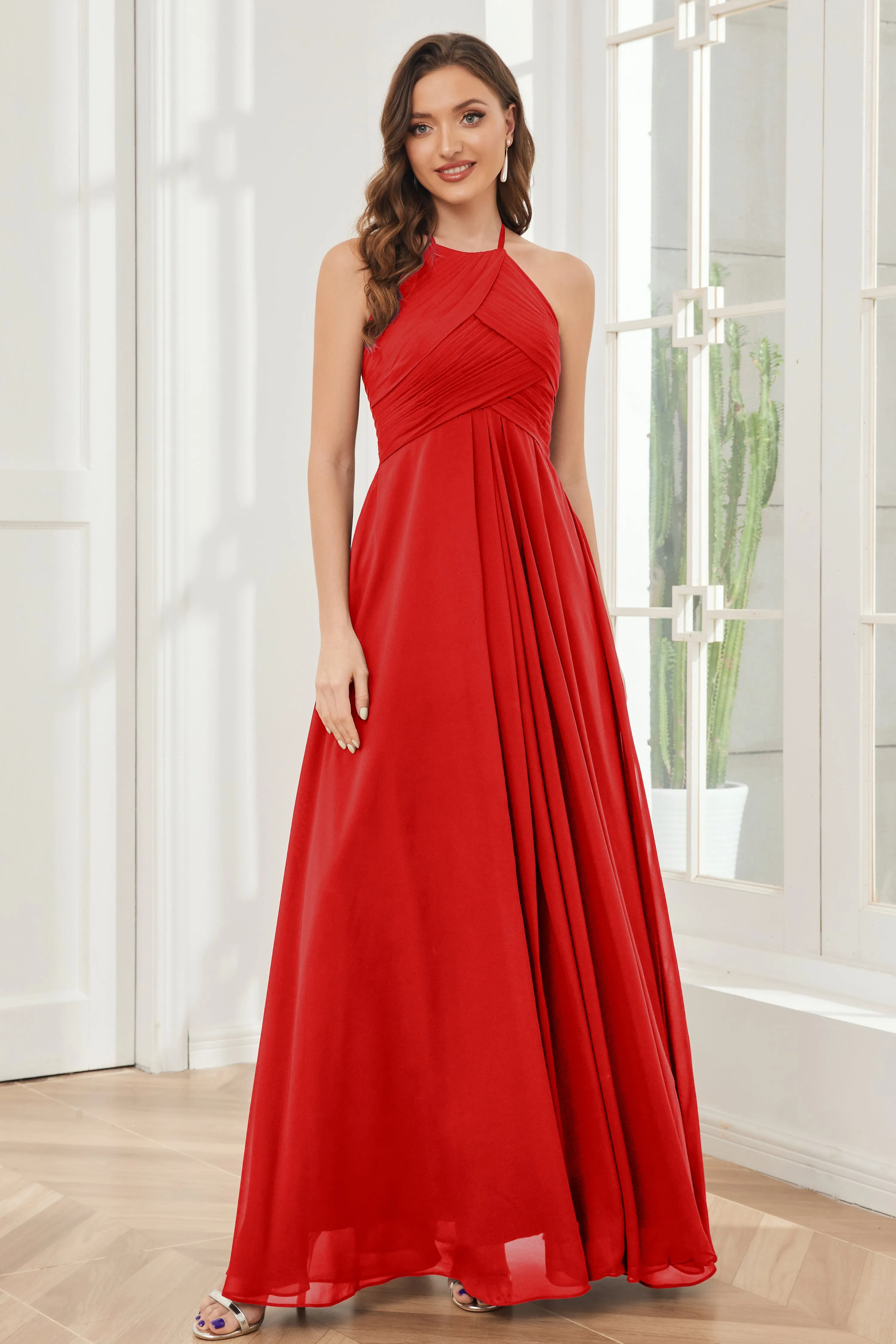 A-line Floor-length Halter Chiffon Bridesmaid Dresses