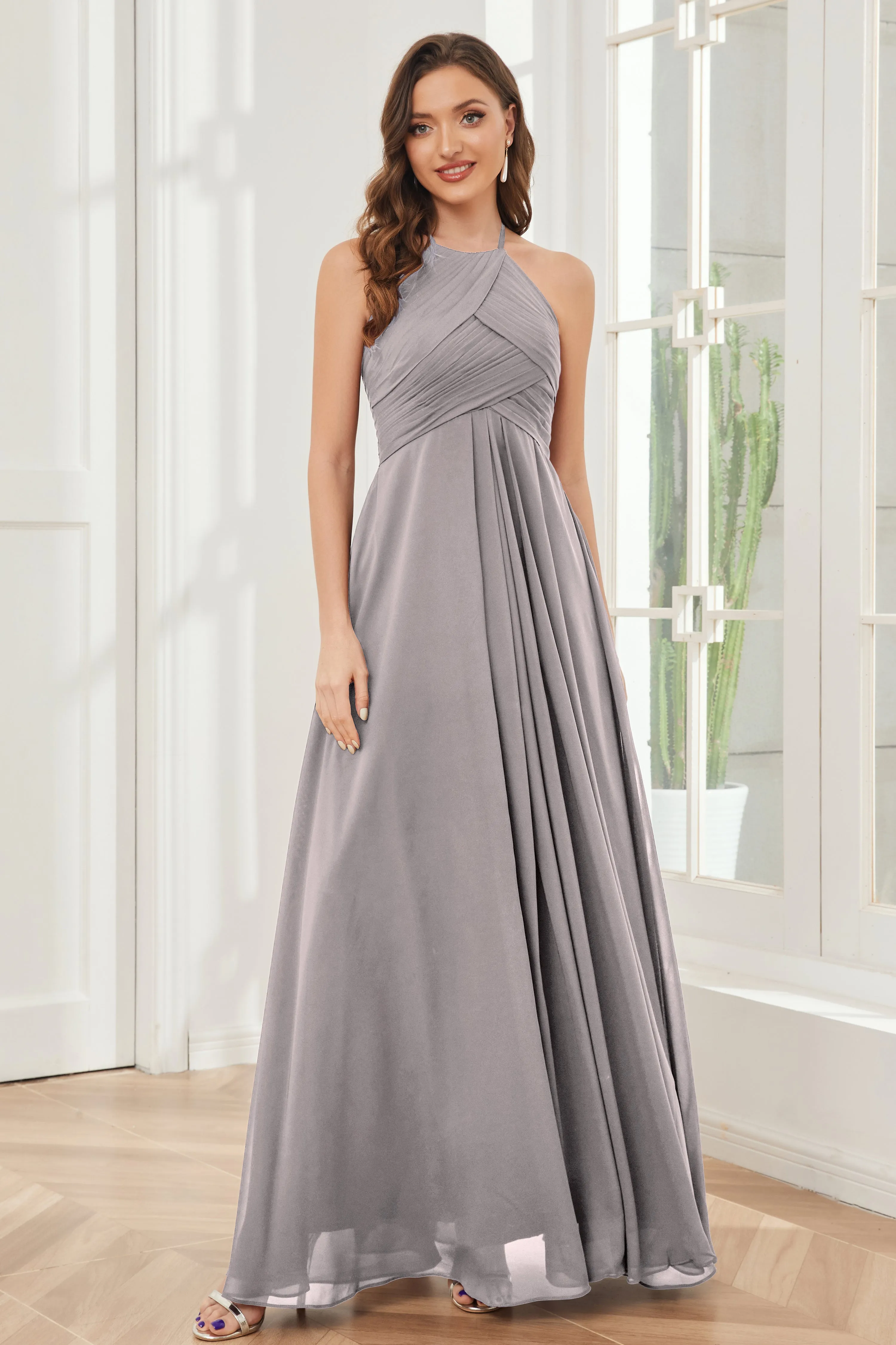 A-line Floor-length Halter Chiffon Bridesmaid Dresses