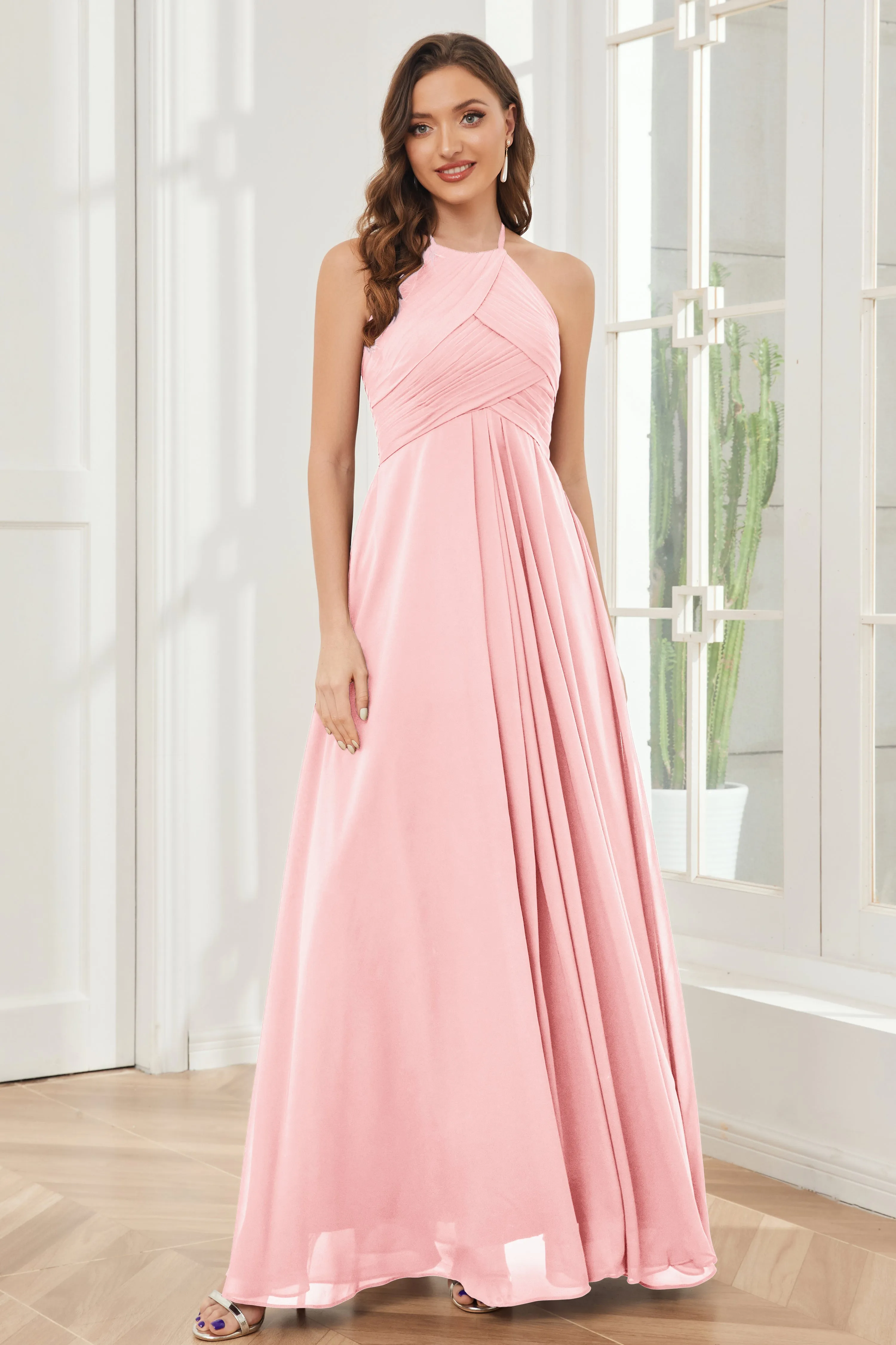 A-line Floor-length Halter Chiffon Bridesmaid Dresses