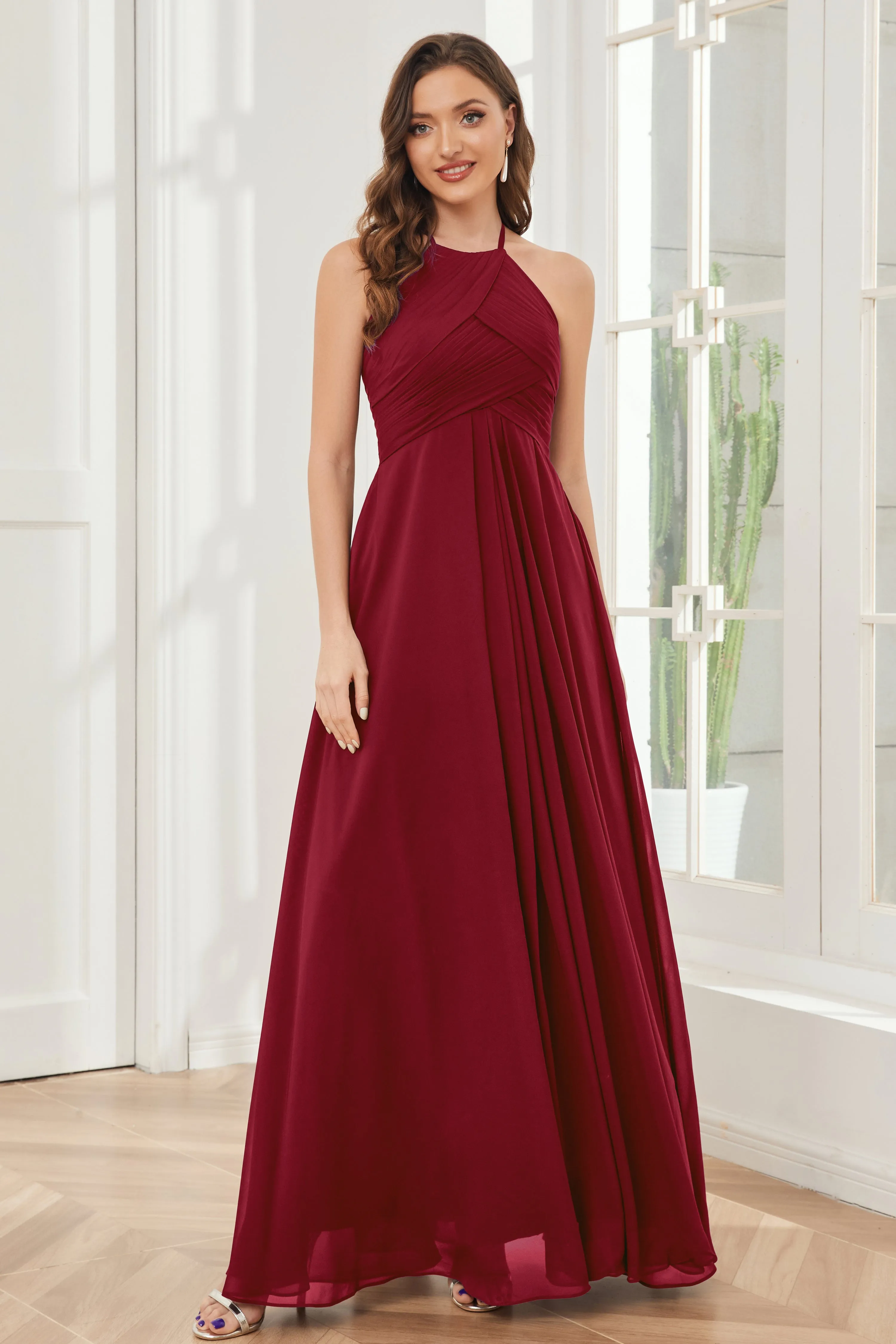 A-line Floor-length Halter Chiffon Bridesmaid Dresses