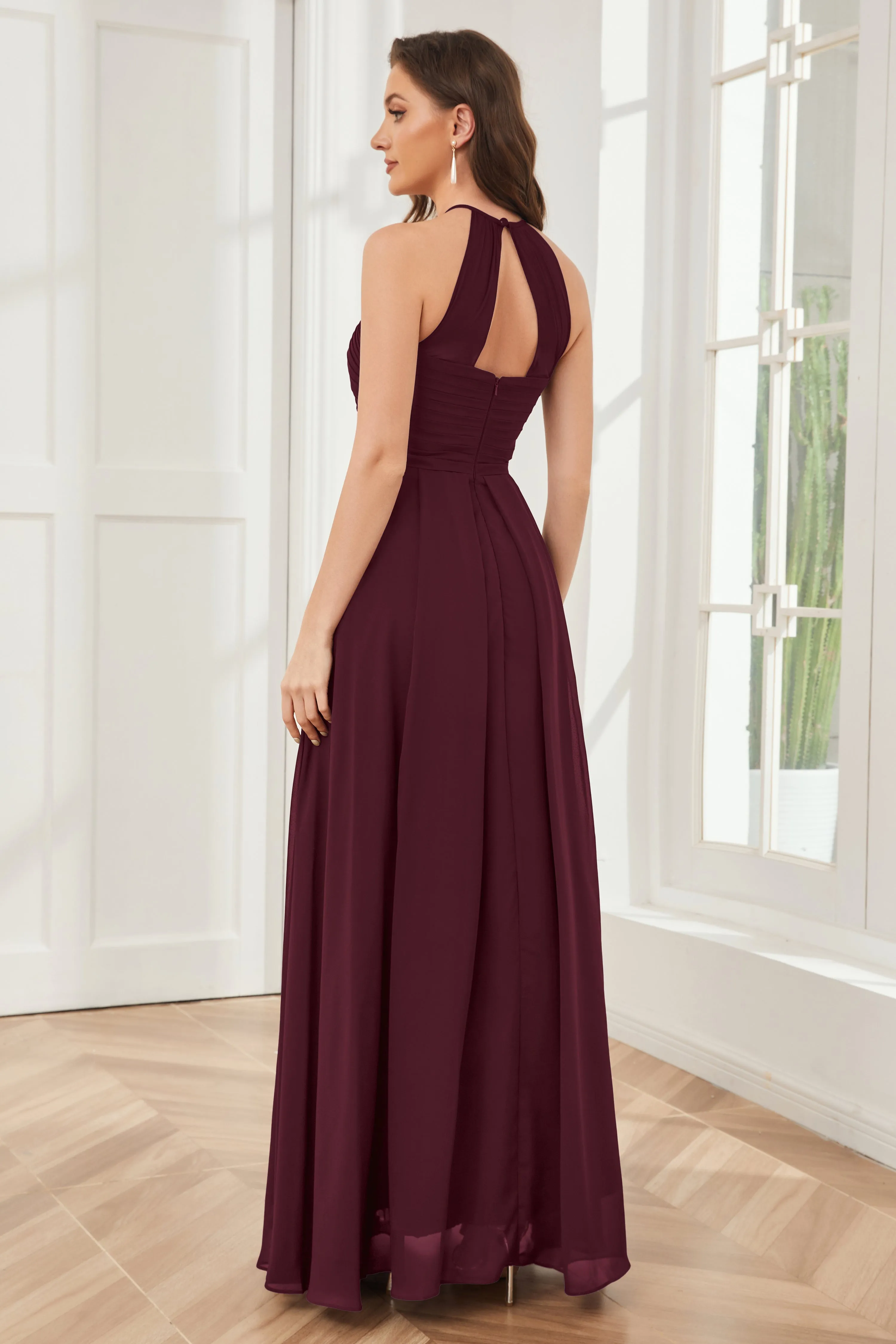 A-line Floor-length Halter Chiffon Bridesmaid Dresses