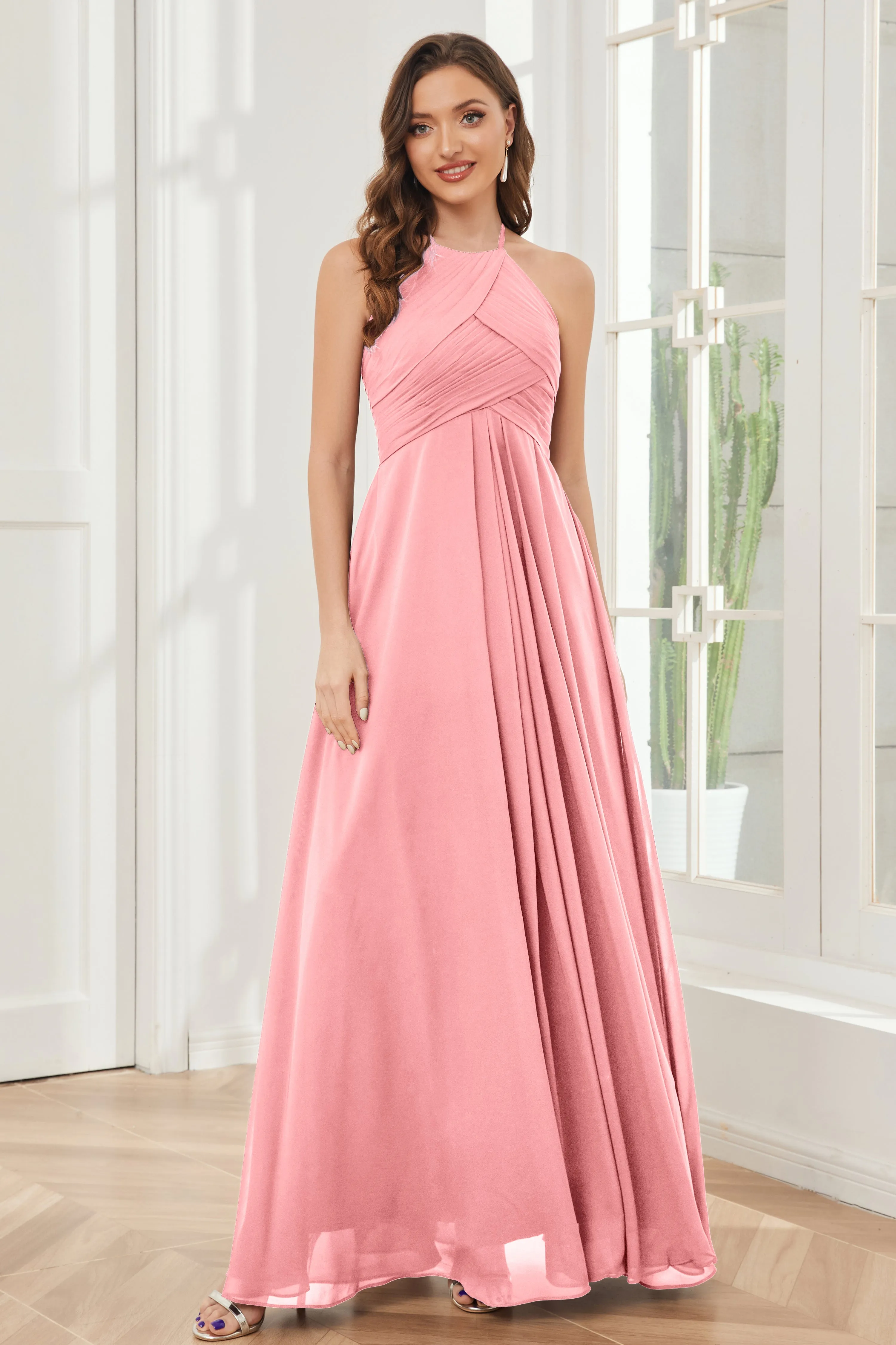 A-line Floor-length Halter Chiffon Bridesmaid Dresses