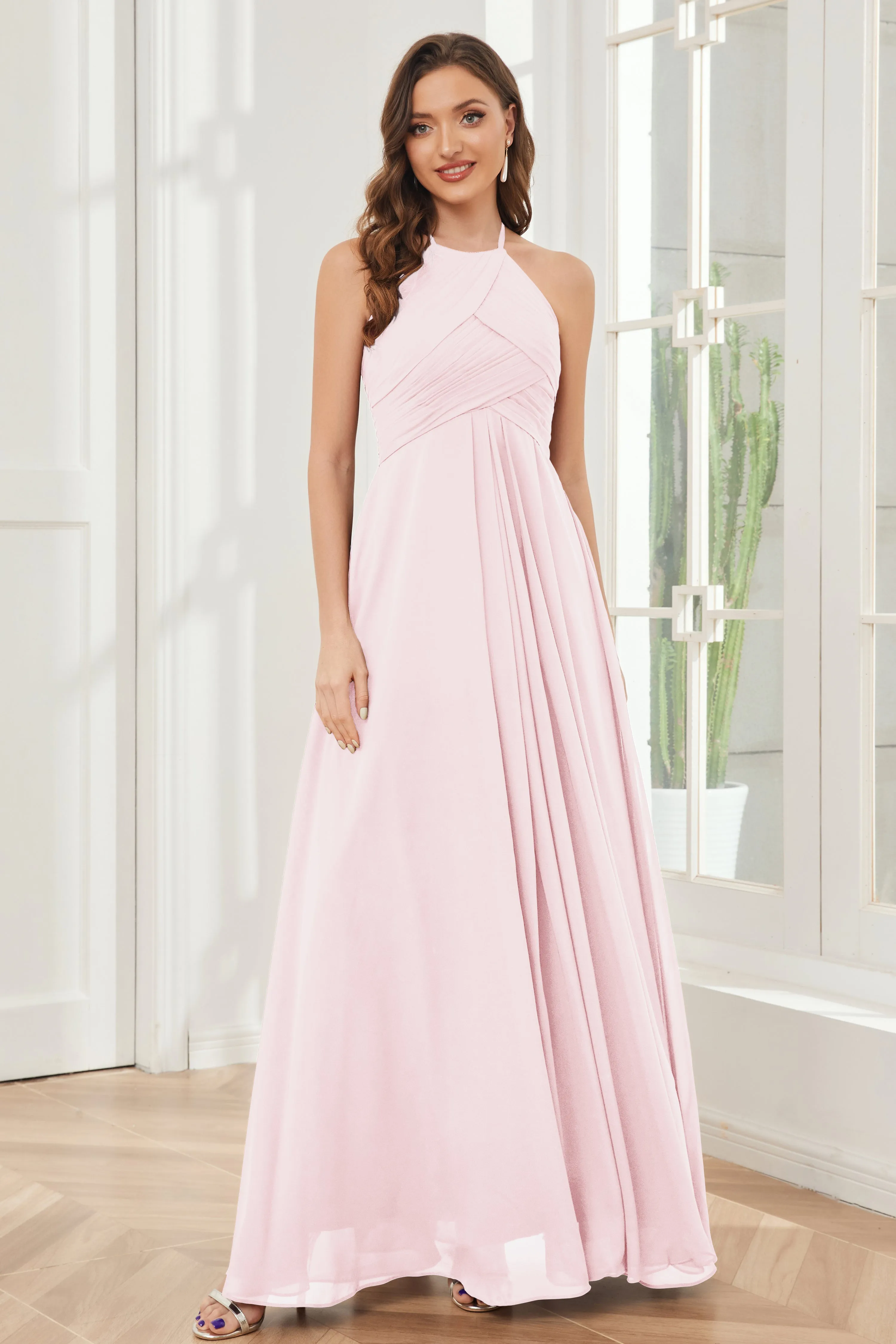 A-line Floor-length Halter Chiffon Bridesmaid Dresses