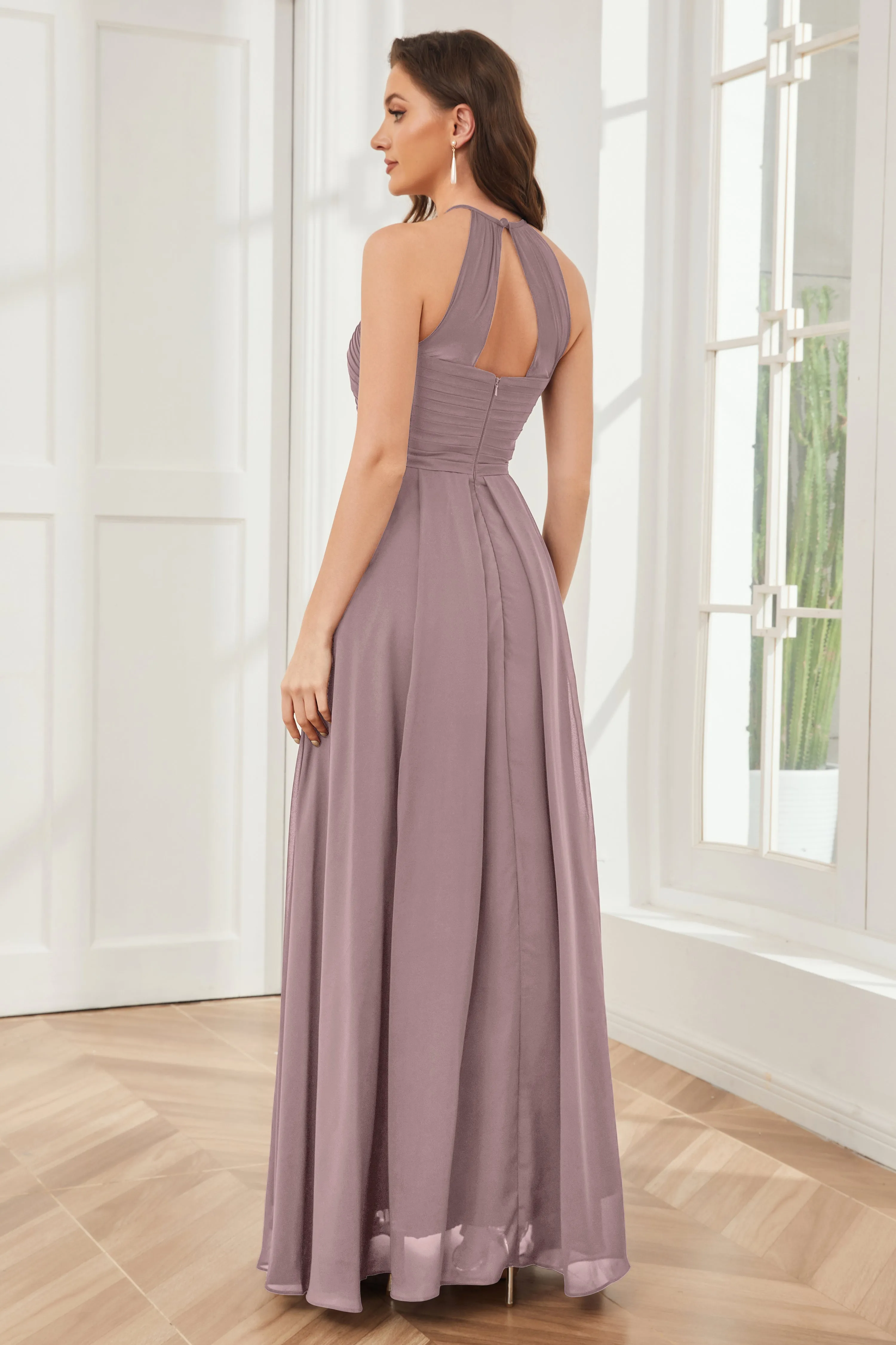 A-line Floor-length Halter Chiffon Bridesmaid Dresses