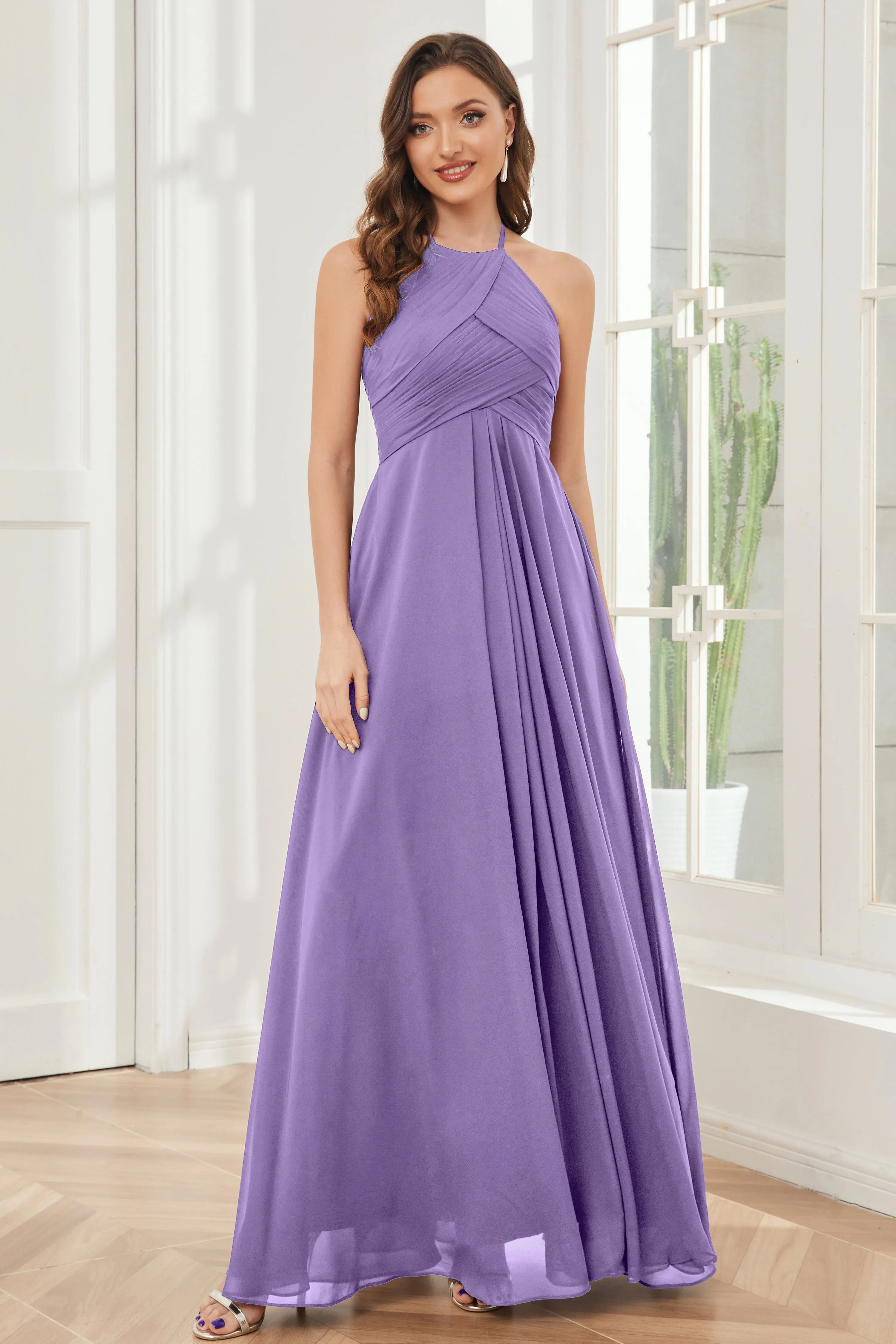 A-line Floor-length Halter Chiffon Bridesmaid Dresses