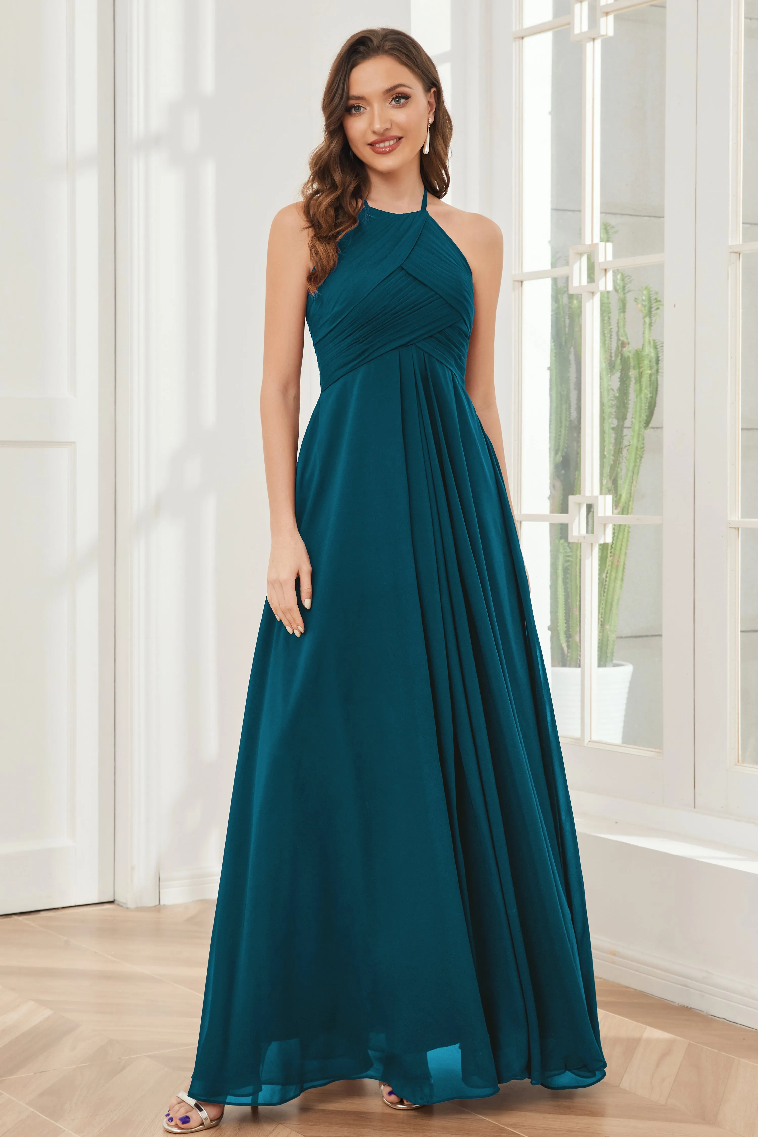 A-line Floor-length Halter Chiffon Bridesmaid Dresses