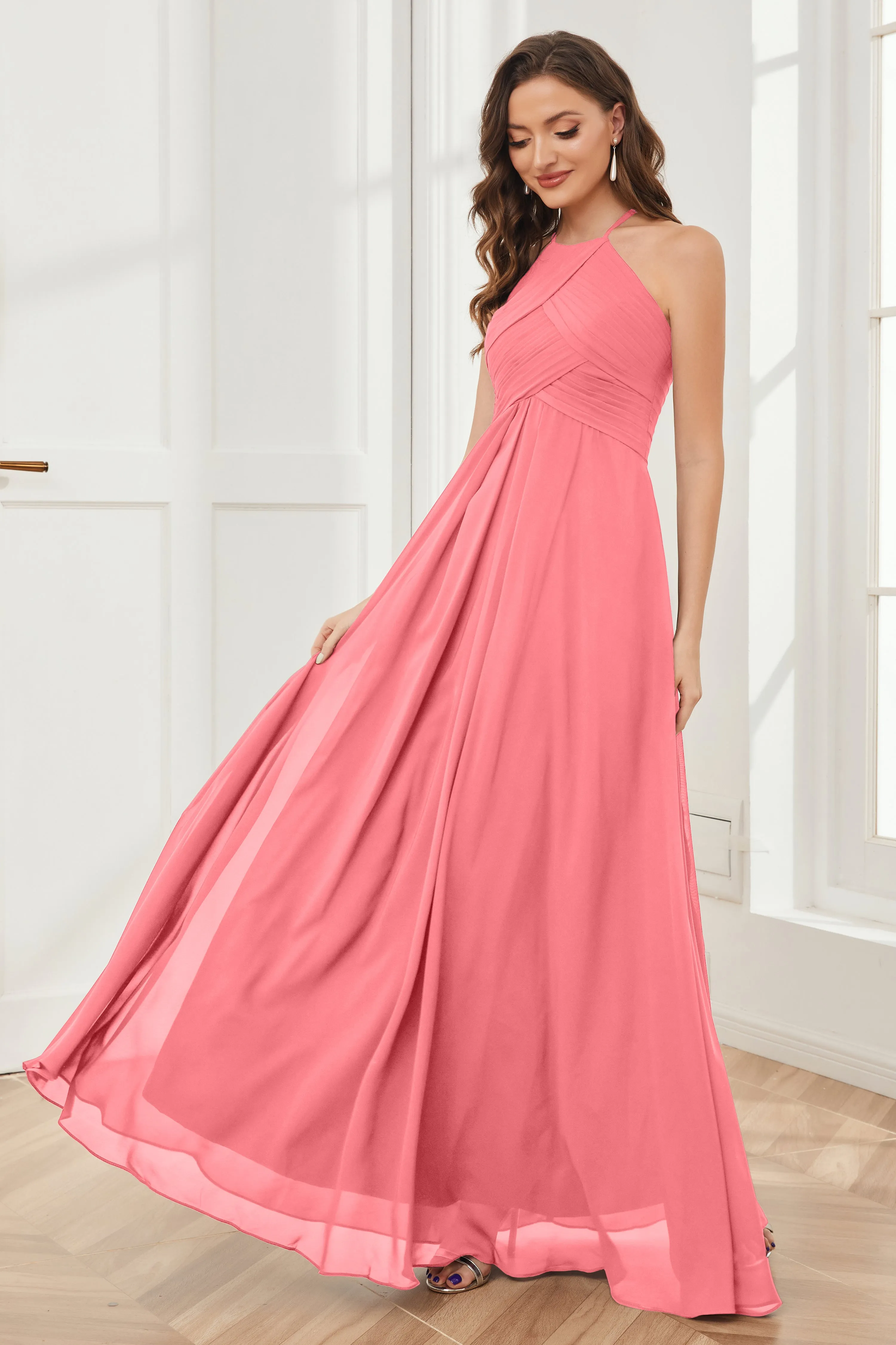 A-line Floor-length Halter Chiffon Bridesmaid Dresses