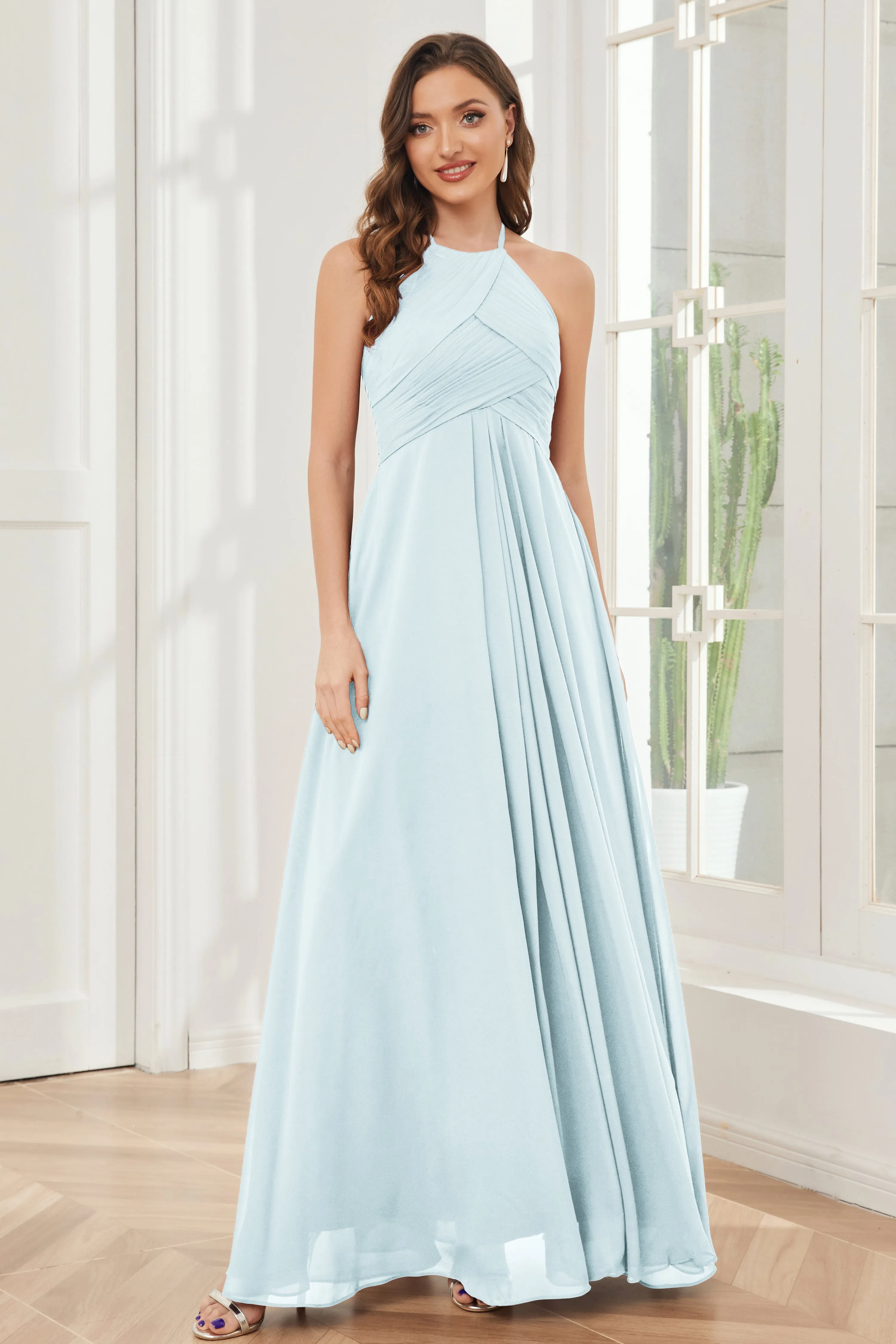 A-line Floor-length Halter Chiffon Bridesmaid Dresses