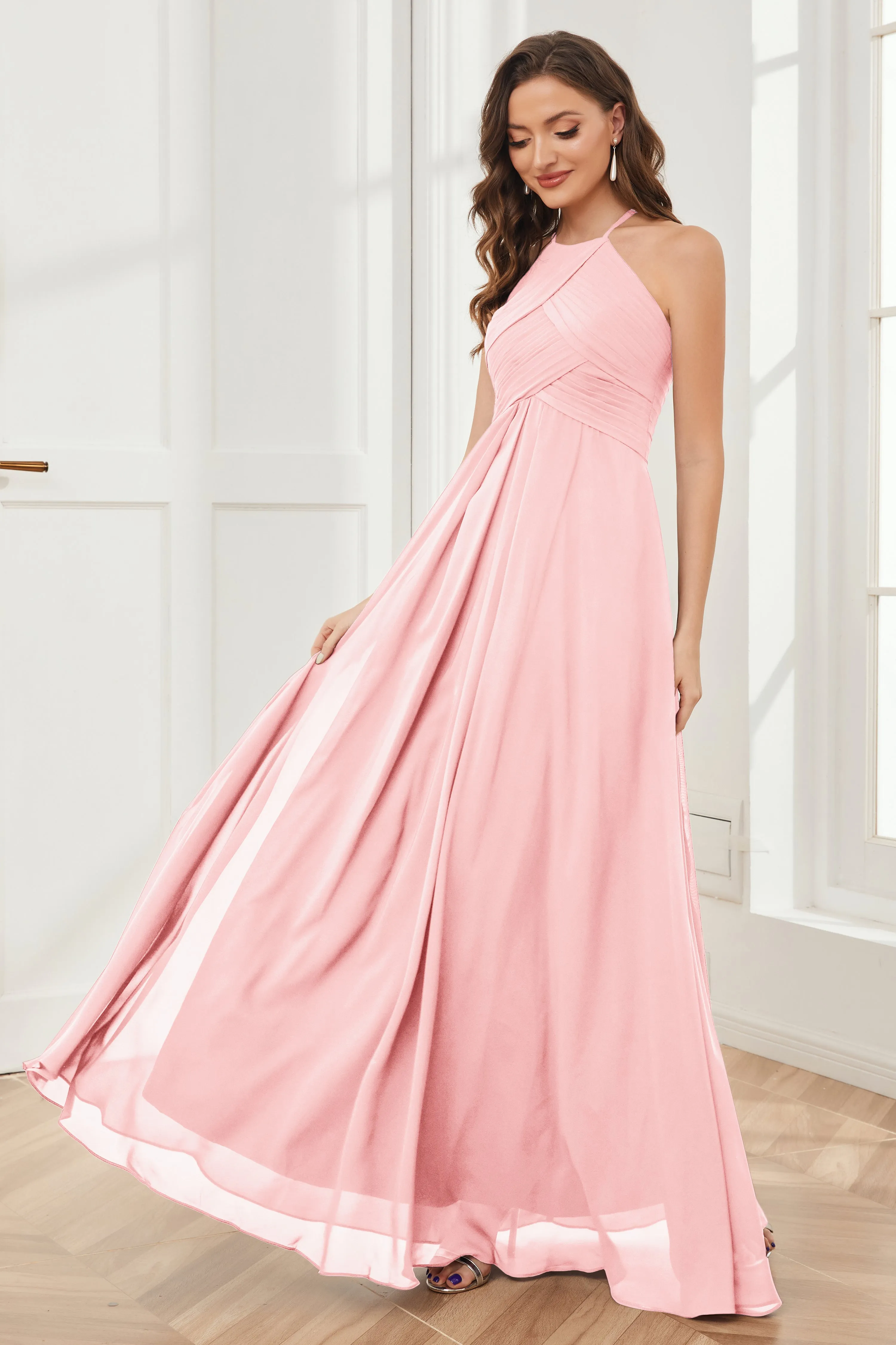 A-line Floor-length Halter Chiffon Bridesmaid Dresses