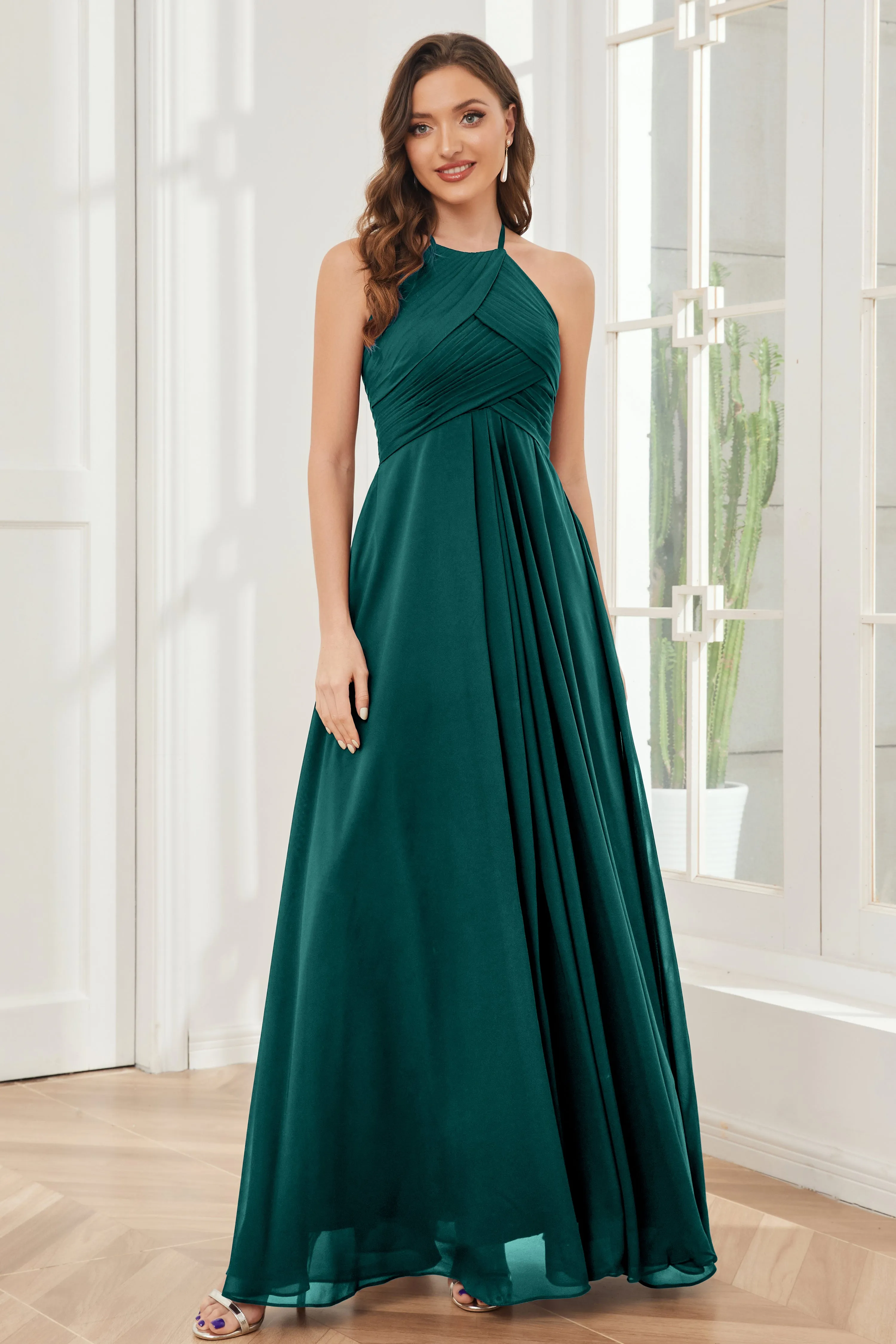 A-line Floor-length Halter Chiffon Bridesmaid Dresses