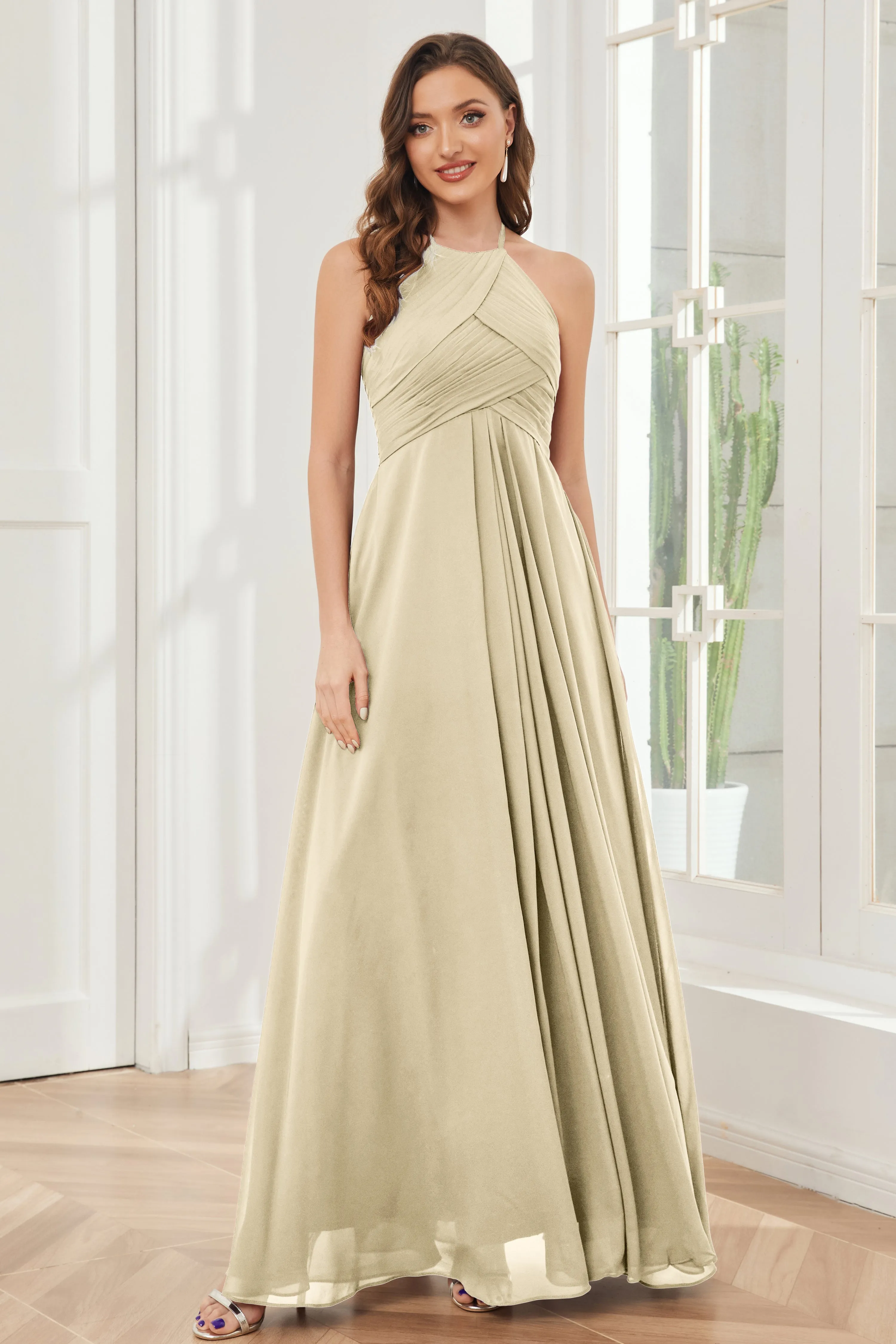 A-line Floor-length Halter Chiffon Bridesmaid Dresses