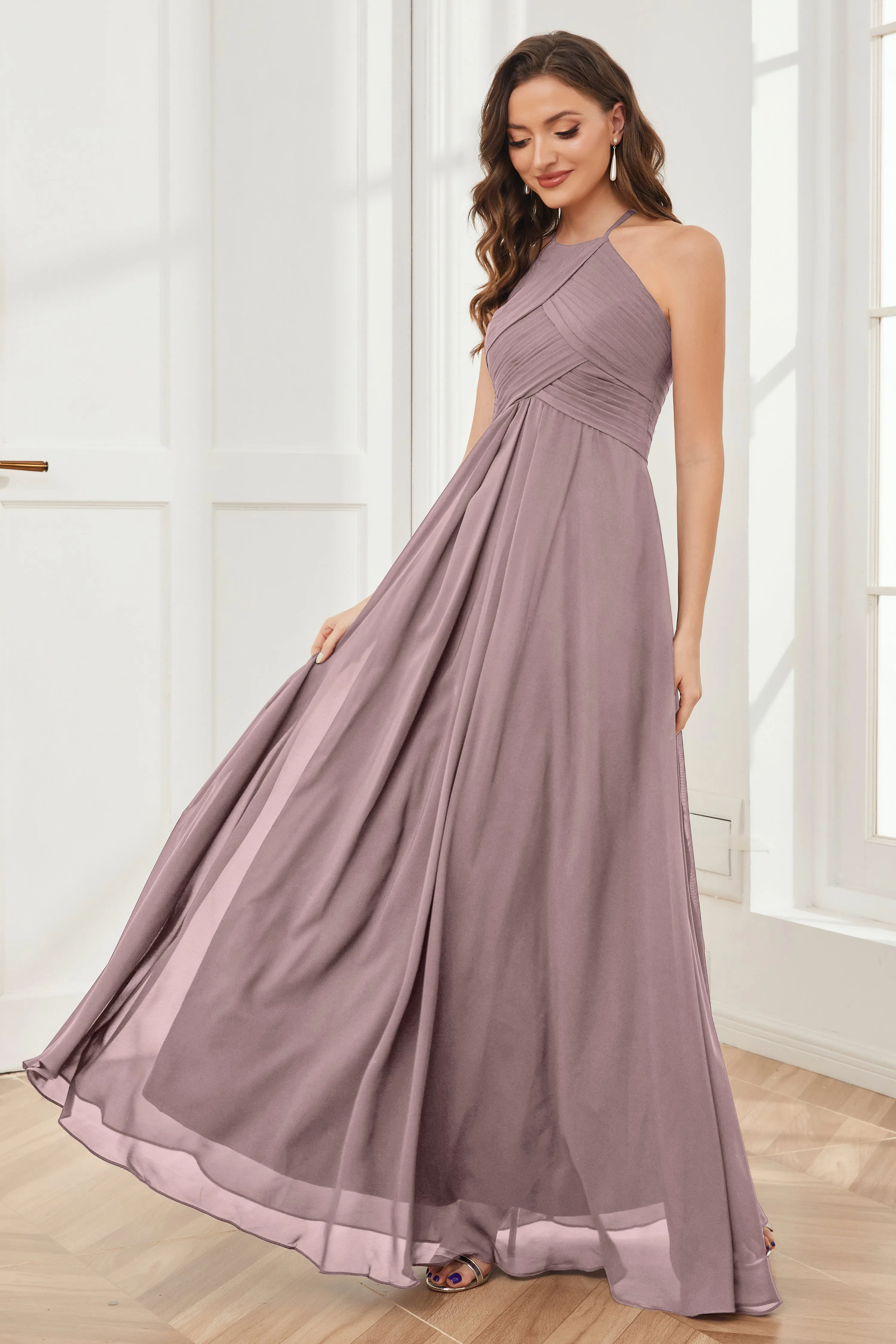 A-line Floor-length Halter Chiffon Bridesmaid Dresses