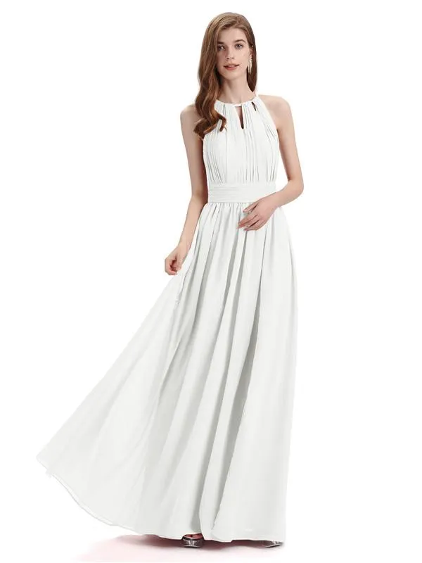 A-Line Halter Chiffon Pleats Floor Length Bridesmaid Dresses