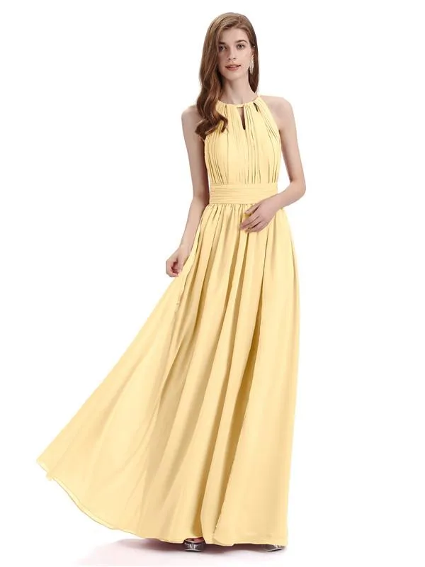 A-Line Halter Chiffon Pleats Floor Length Bridesmaid Dresses