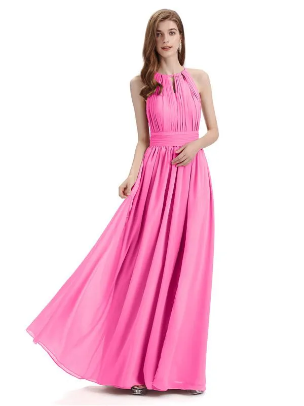 A-Line Halter Chiffon Pleats Floor Length Bridesmaid Dresses