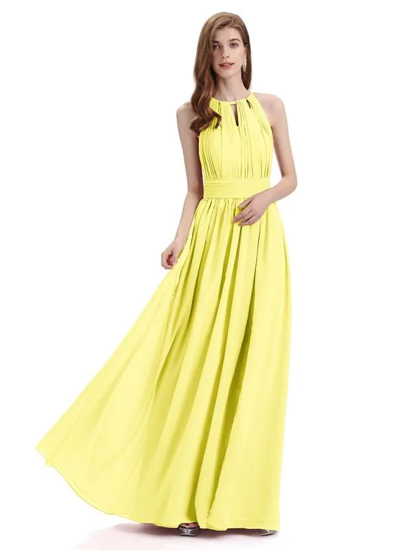 A-Line Halter Chiffon Pleats Floor Length Bridesmaid Dresses