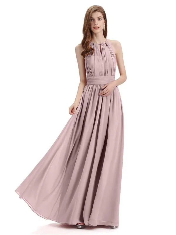 A-Line Halter Chiffon Pleats Floor Length Bridesmaid Dresses