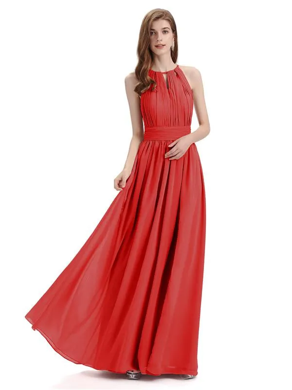 A-Line Halter Chiffon Pleats Floor Length Bridesmaid Dresses