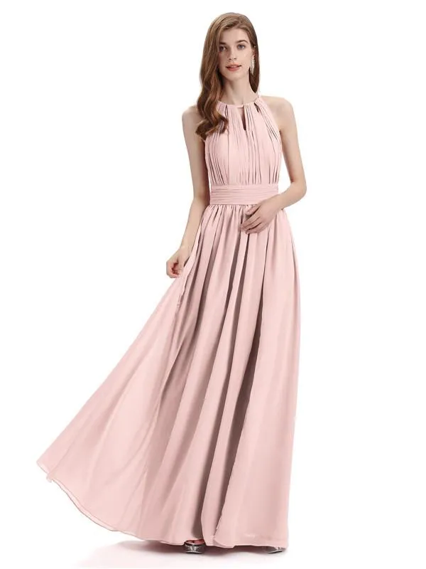 A-Line Halter Chiffon Pleats Floor Length Bridesmaid Dresses