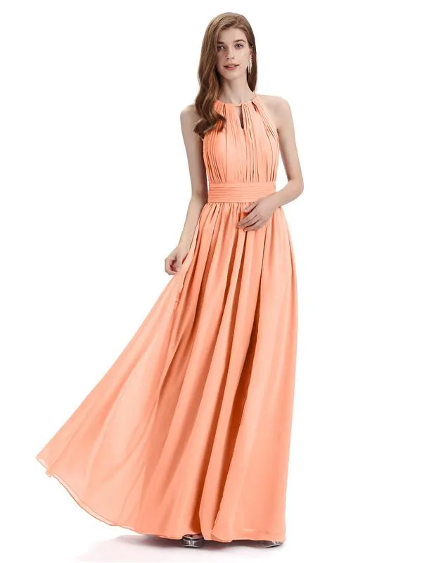 A-Line Halter Chiffon Pleats Floor Length Bridesmaid Dresses