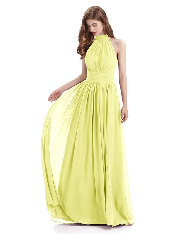 A-line Halter Elegant Chiffon Long Bridesmaid Dresses