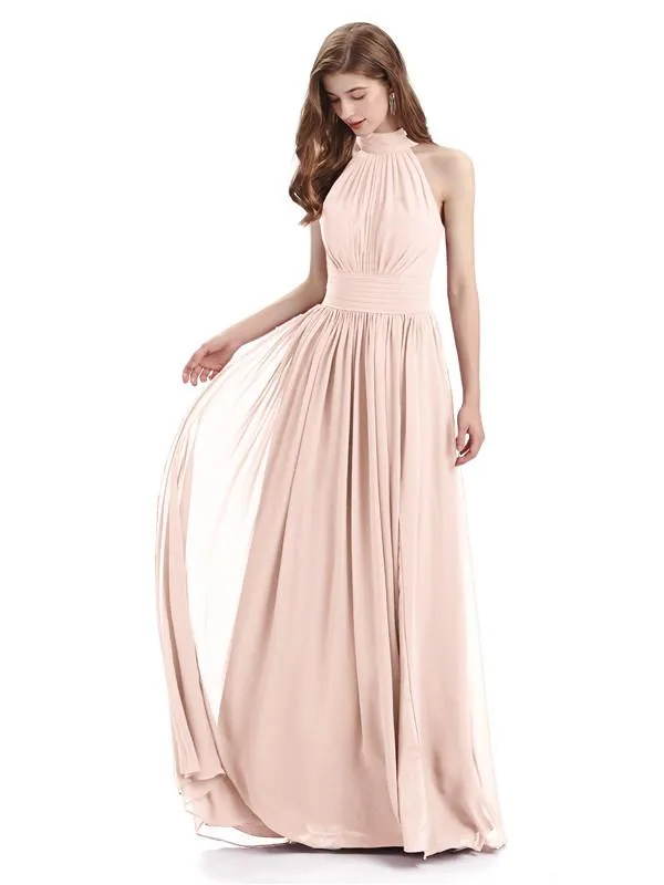 A-line Halter Elegant Chiffon Long Bridesmaid Dresses