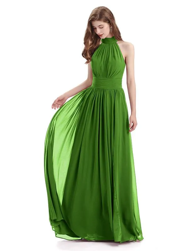 A-line Halter Elegant Chiffon Long Bridesmaid Dresses