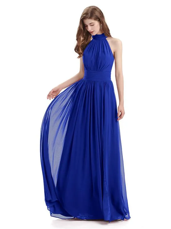 A-line Halter Elegant Chiffon Long Bridesmaid Dresses