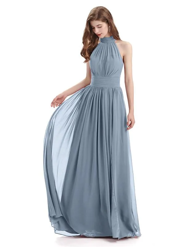 A-line Halter Elegant Chiffon Long Bridesmaid Dresses