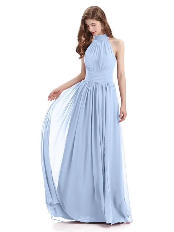 A-line Halter Elegant Chiffon Long Bridesmaid Dresses