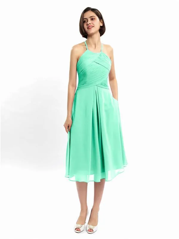 A-line Halter Sleeveless Pleats Short Bridesmaid Dresses