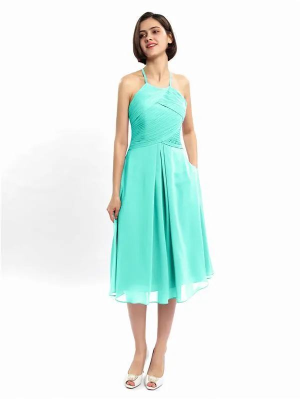 A-line Halter Sleeveless Pleats Short Bridesmaid Dresses