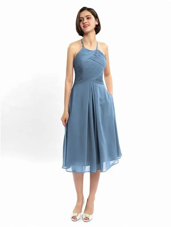 A-line Halter Sleeveless Pleats Short Bridesmaid Dresses