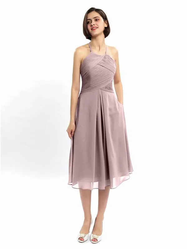 A-line Halter Sleeveless Pleats Short Bridesmaid Dresses