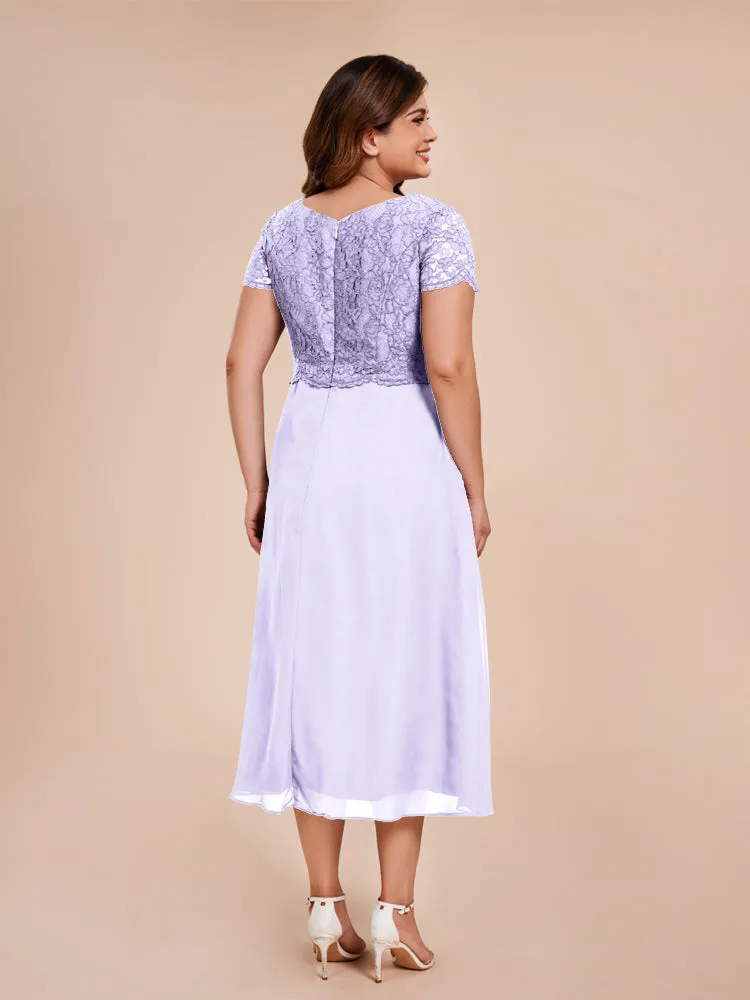 A-Line Lace Bodice Tea-Length Chiffon Mother Of The Bride Dress