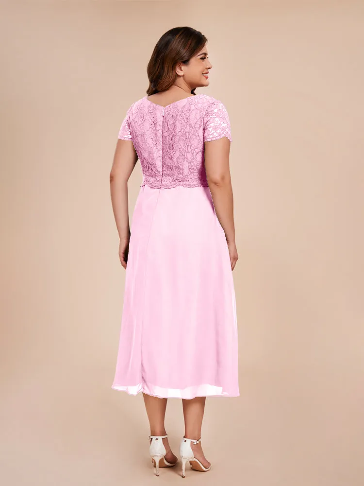 A-Line Lace Bodice Tea-Length Chiffon Mother Of The Bride Dress