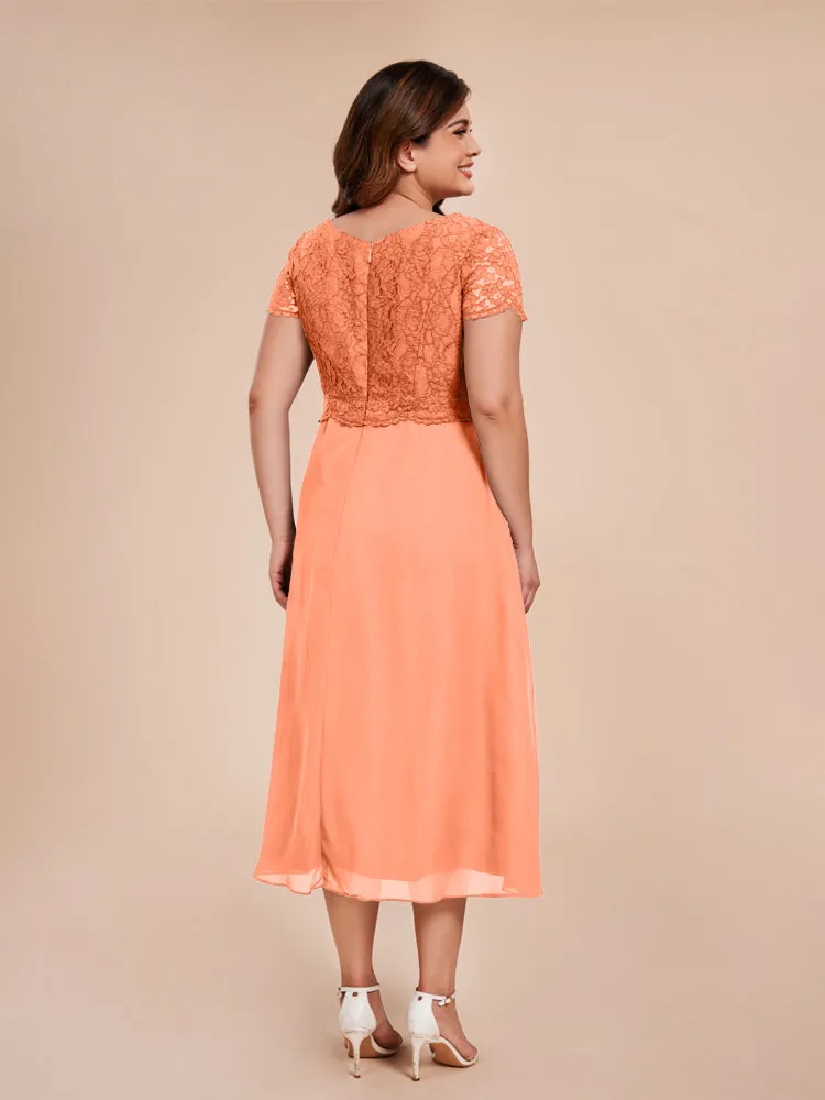 A-Line Lace Bodice Tea-Length Chiffon Mother Of The Bride Dress