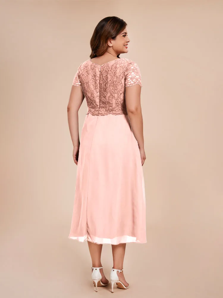 A-Line Lace Bodice Tea-Length Chiffon Mother Of The Bride Dress