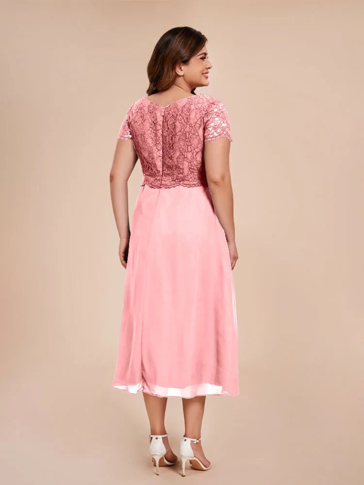 A-Line Lace Bodice Tea-Length Chiffon Mother Of The Bride Dress