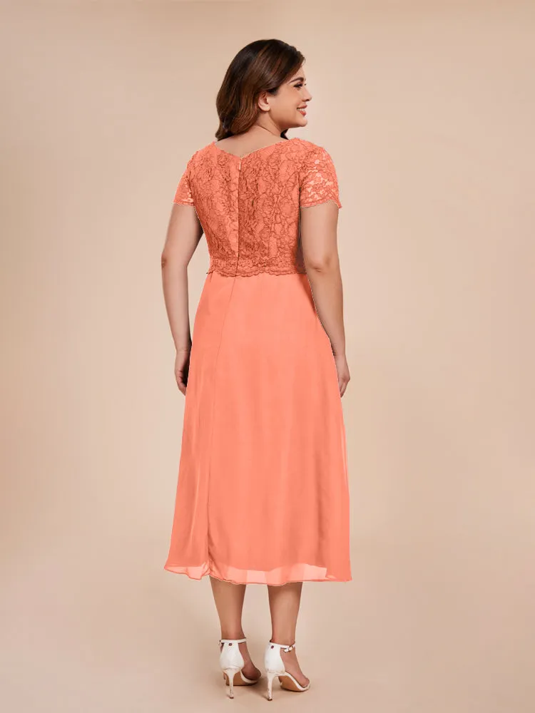 A-Line Lace Bodice Tea-Length Chiffon Mother Of The Bride Dress