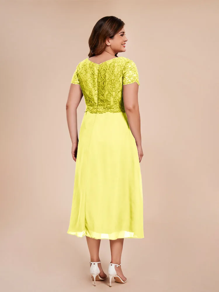 A-Line Lace Bodice Tea-Length Chiffon Mother Of The Bride Dress